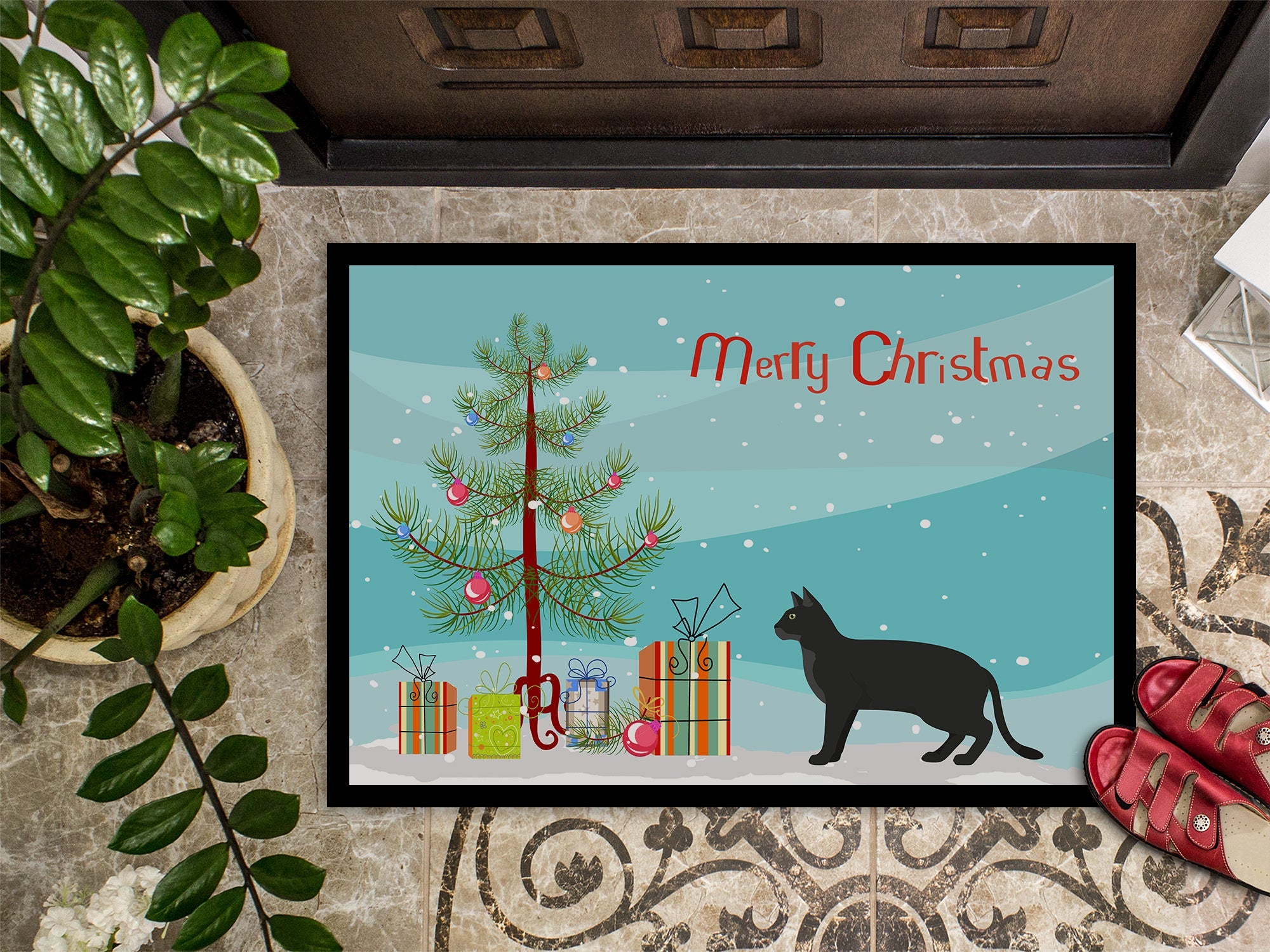 Chausie Black Cat Christmas Doormat Indoor Outdoor 18H X 27W Front Door Mat Rugs for Entryway, Non Slip Washable