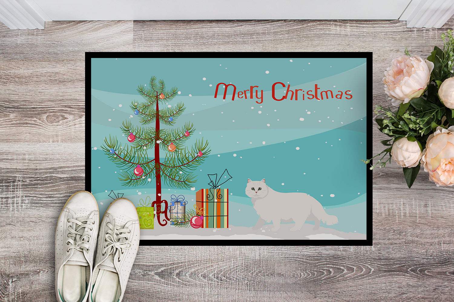 Chinchilla Persian Longhair Cat Christmas Doormat Indoor Outdoor 24H X 36W Front Door Mat Rugs for Entryway, Non Slip Washable Low Pile,