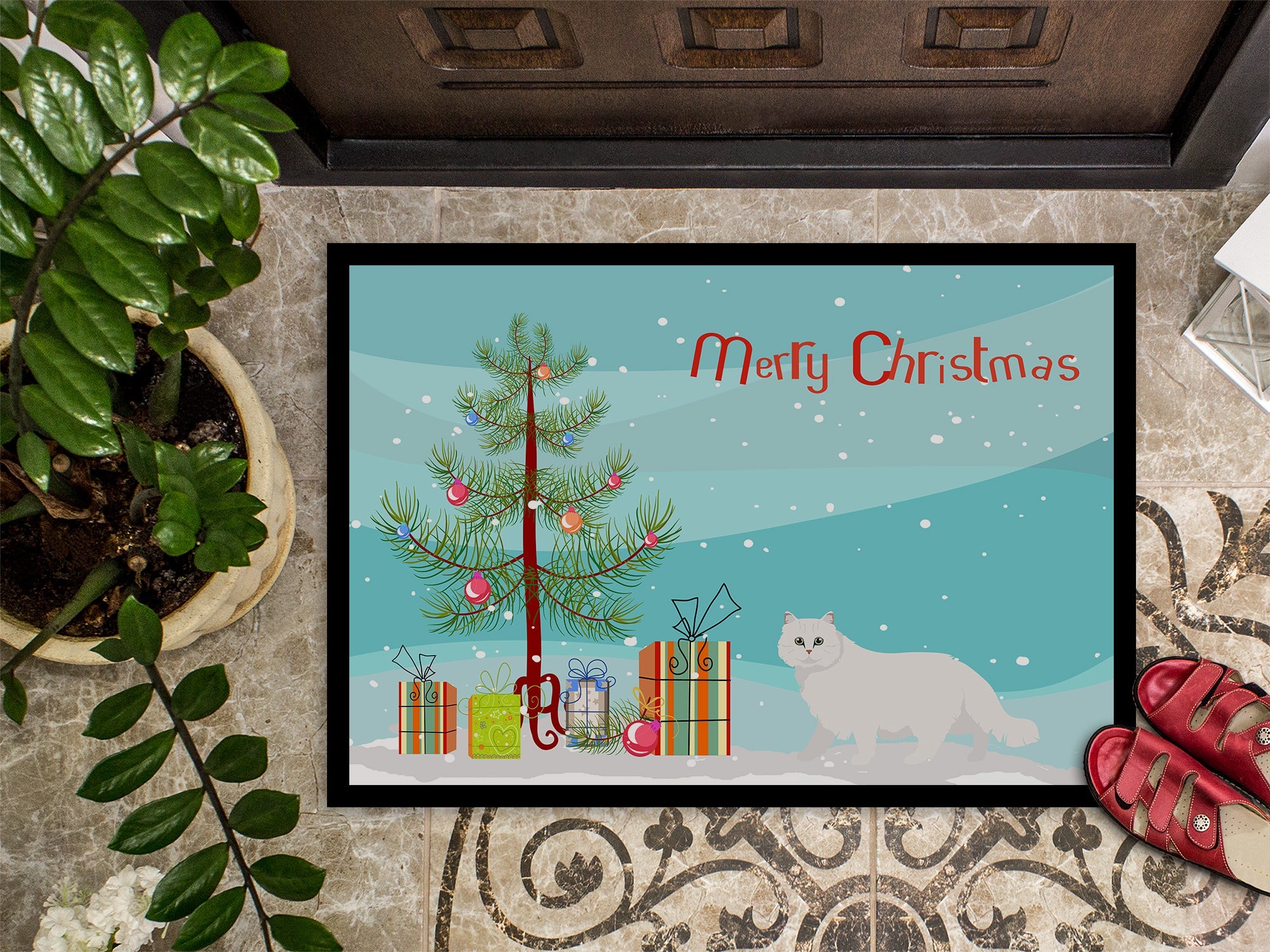 Chinchilla Persian Longhair Cat Christmas Doormat Indoor Outdoor 24H X 36W Front Door Mat Rugs for Entryway, Non Slip Washable Low Pile,