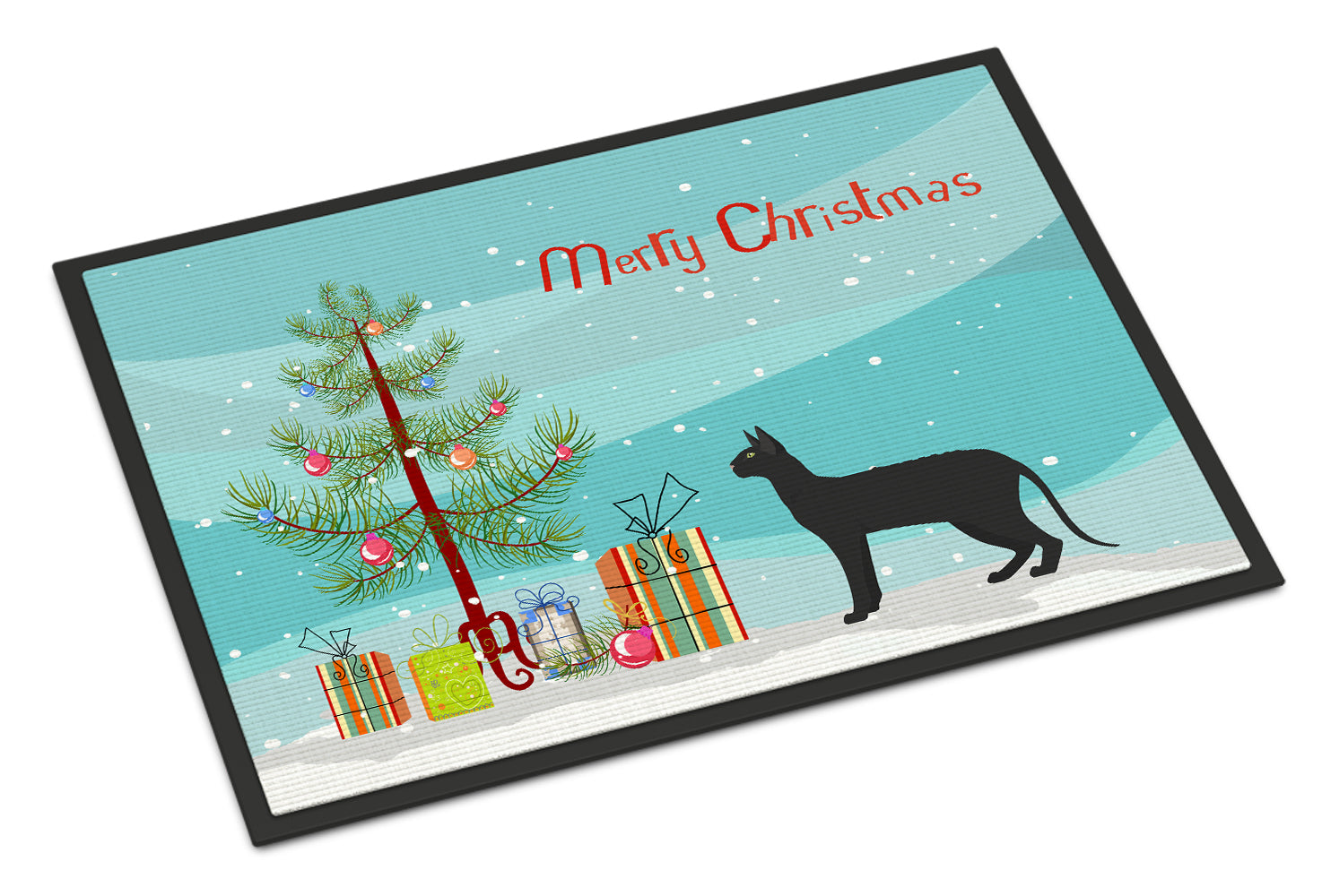 Black Cornish Rex Cat Christmas Doormat Indoor Outdoor 24H X 36W Front Door Mat Rugs for Entryway, Non Slip Washable Low Pile,