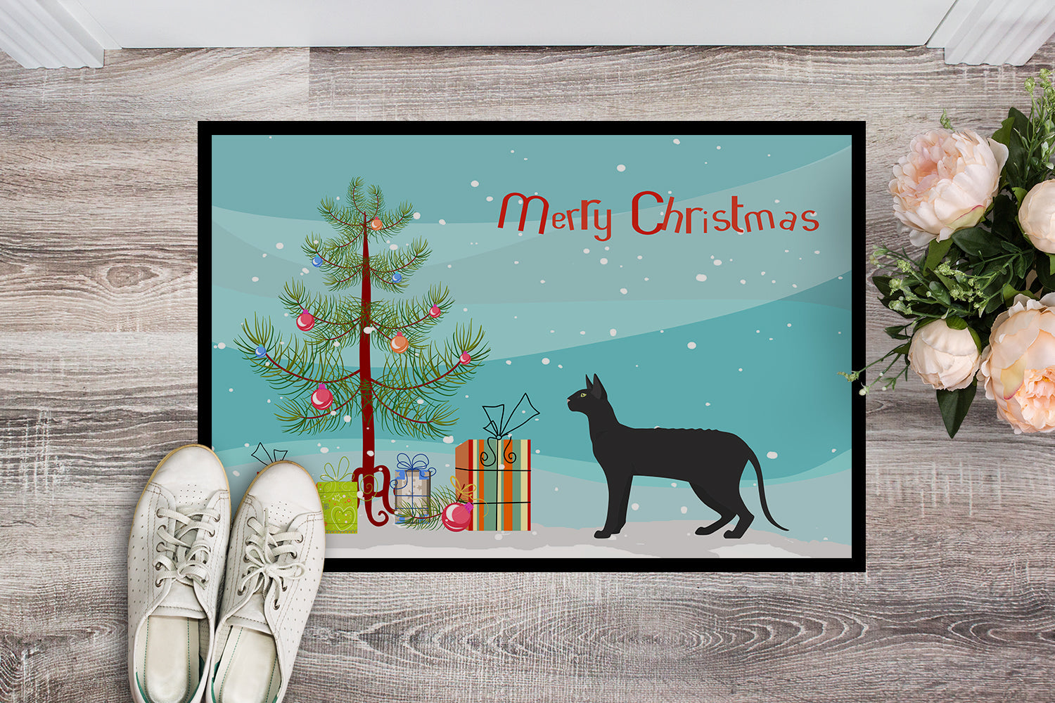 Black Cornish Rex Cat Christmas Doormat Indoor Outdoor 24H X 36W Front Door Mat Rugs for Entryway, Non Slip Washable Low Pile,