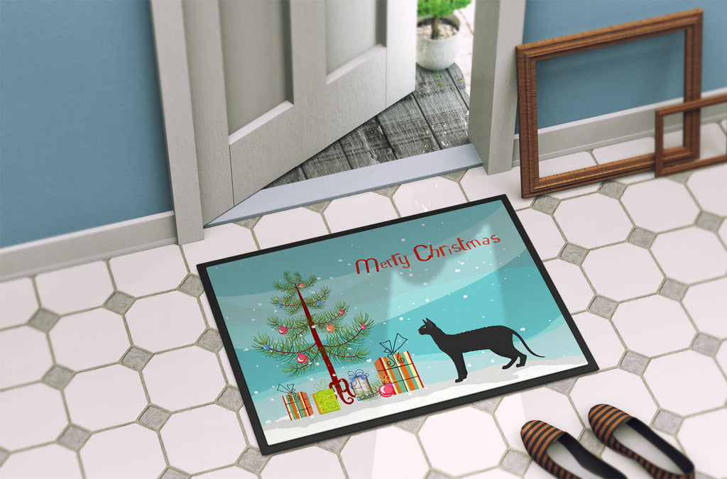 Black Cornish Rex Cat Christmas Doormat Indoor Outdoor 24H X 36W Front Door Mat Rugs for Entryway, Non Slip Washable Low Pile,