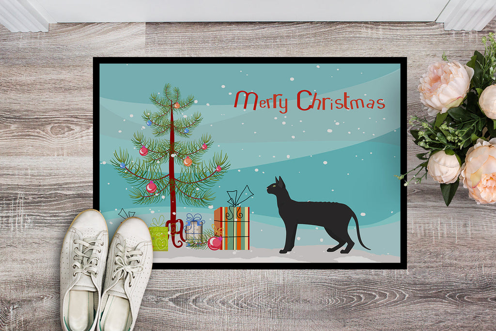 Black Cornish Rex Cat Christmas Doormat Indoor Outdoor 18H X 27W Front Door Mat Rugs for Entryway, Non Slip Washable