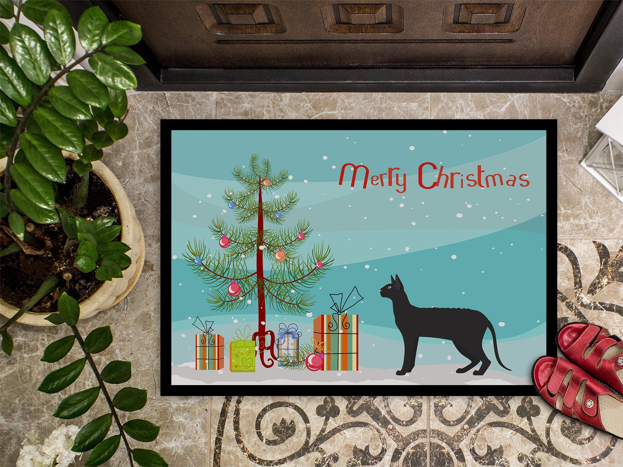 Black Cornish Rex Cat Christmas Doormat Indoor Outdoor 18H X 27W Front Door Mat Rugs for Entryway, Non Slip Washable