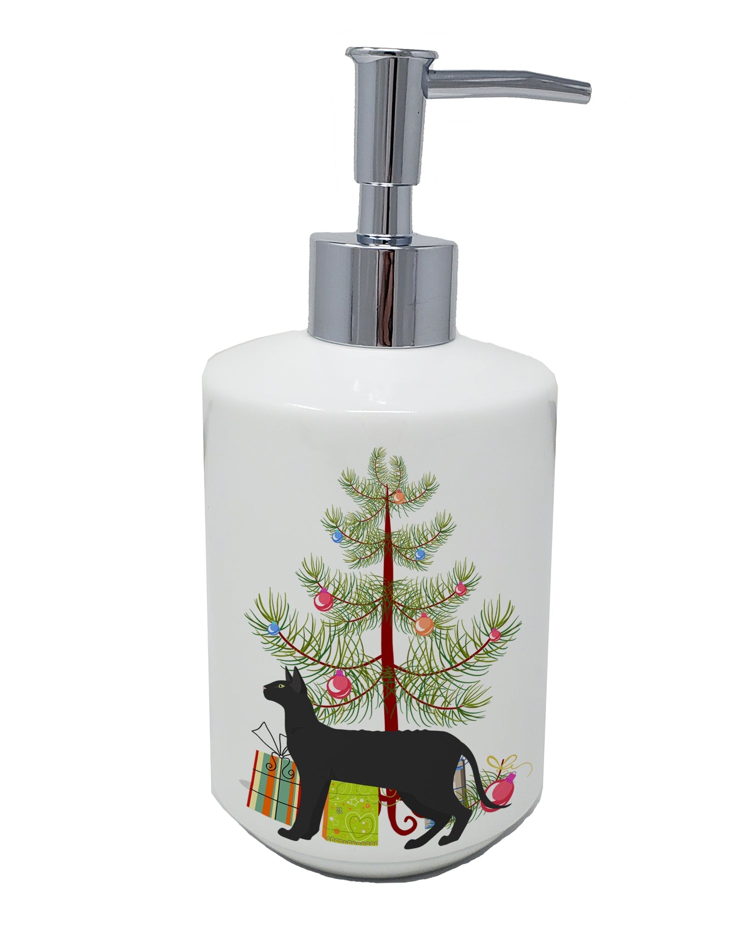 Black Cornish Rex Cat Christmas Ceramic Soap Dispenser , Empty Refillable Hand Soap Pump Bottle for Bathroom Kitchen