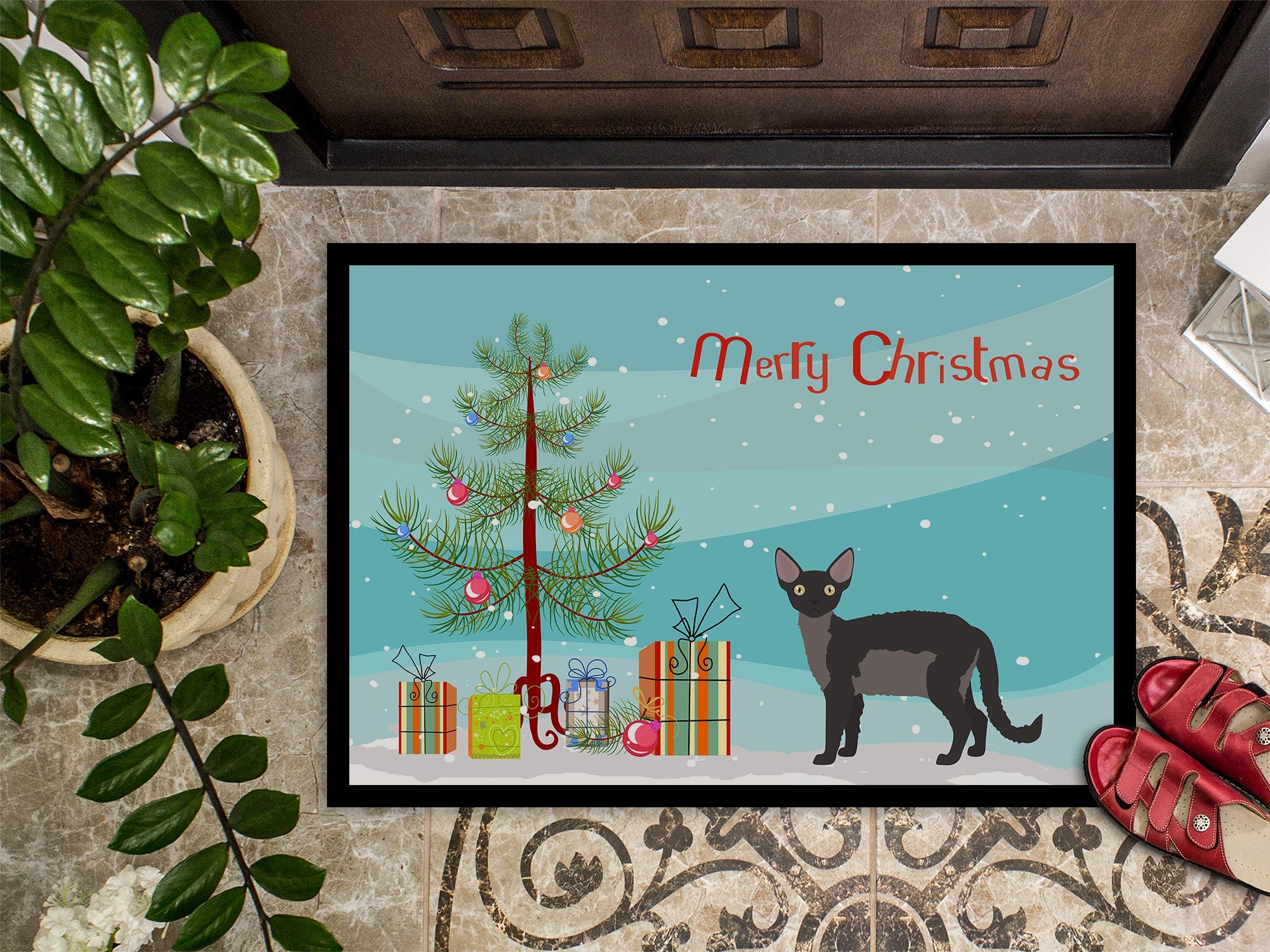 Devon Rex Cat Christmas Doormat Indoor Outdoor 18H X 27W Front Door Mat Rugs for Entryway, Non Slip Washable