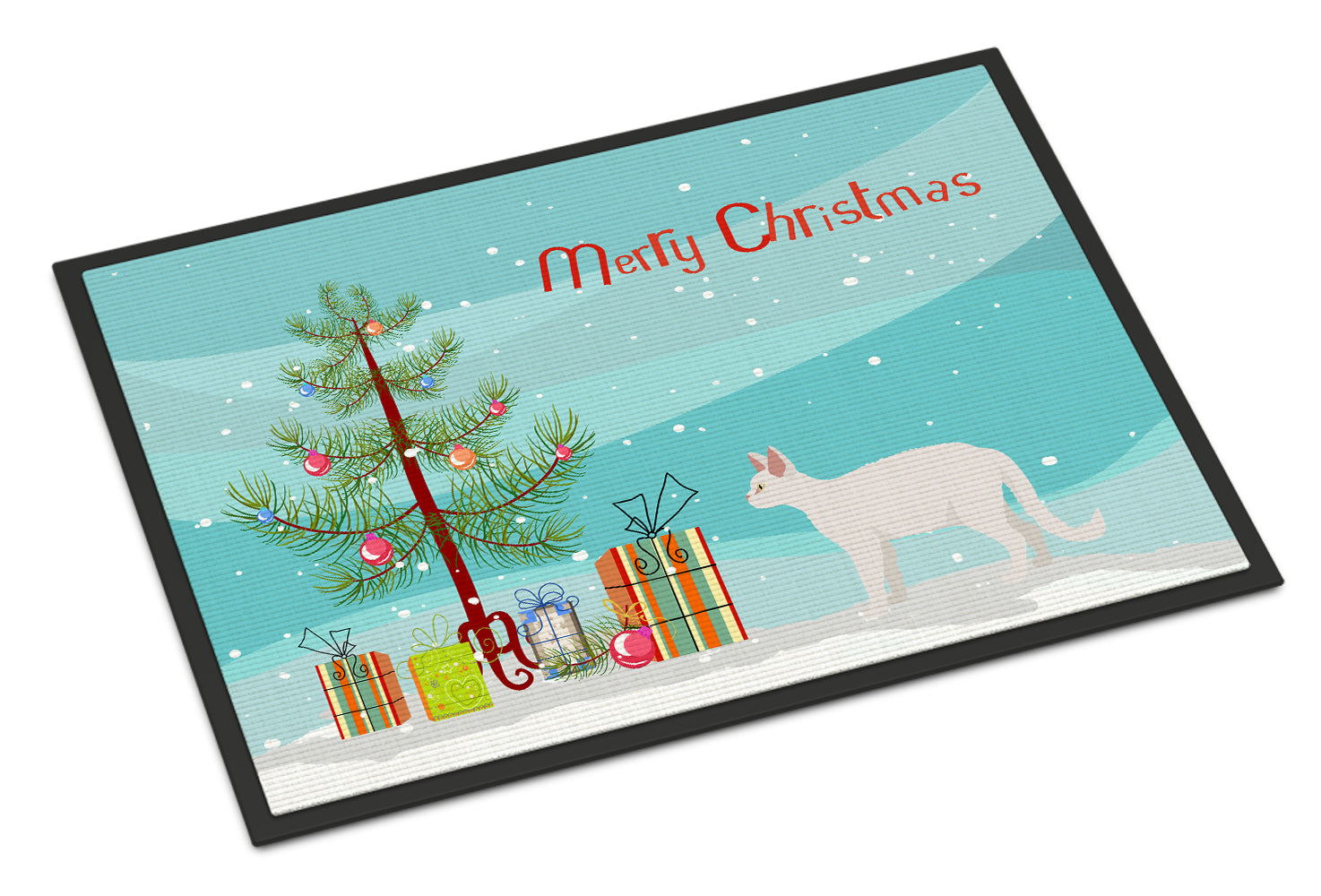 White Devon Rex Cat Christmas Doormat Indoor Outdoor 24H X 36W Front Door Mat Rugs for Entryway, Non Slip Washable Low Pile,