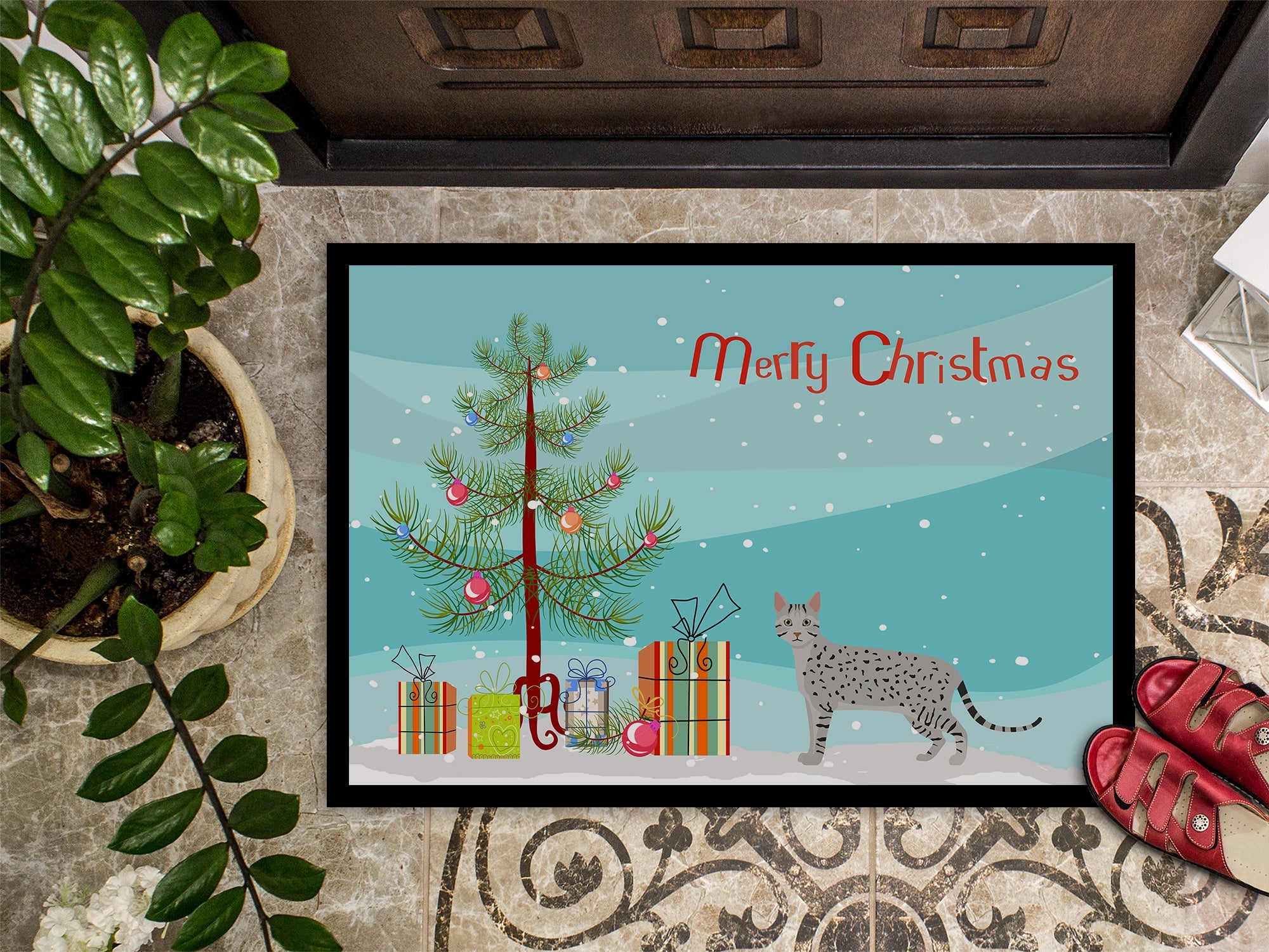 Egyptian Mau Cat Christmas Doormat Indoor Outdoor 24H X 36W Front Door Mat Rugs for Entryway, Non Slip Washable Low Pile,