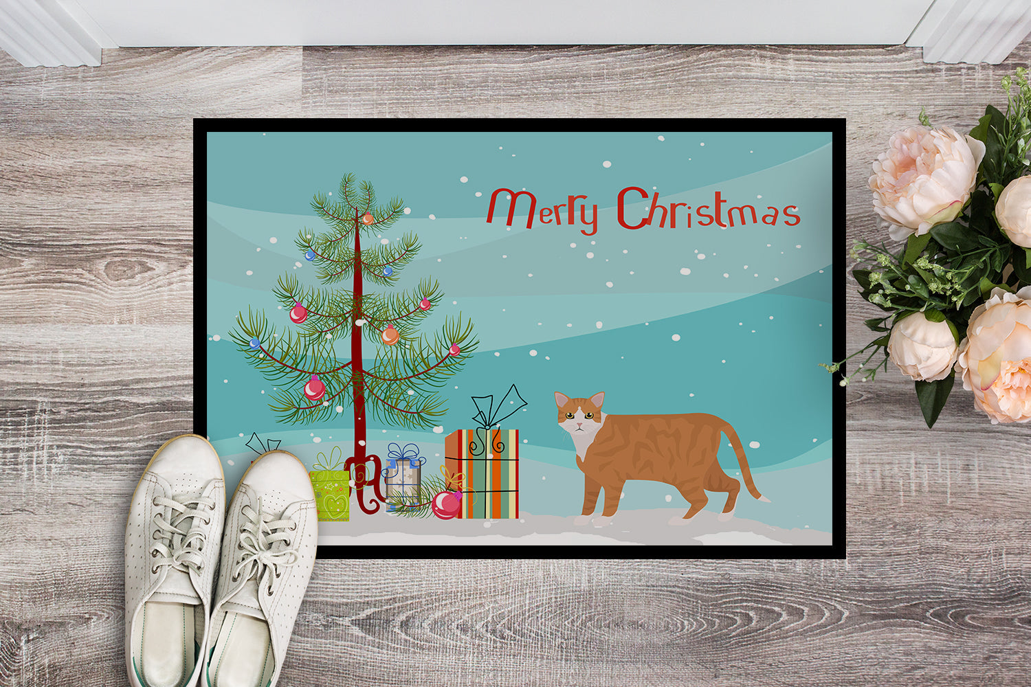 European Shorthair Cat Christmas Doormat Indoor Outdoor 18H X 27W Front Door Mat Rugs for Entryway, Non Slip Washable