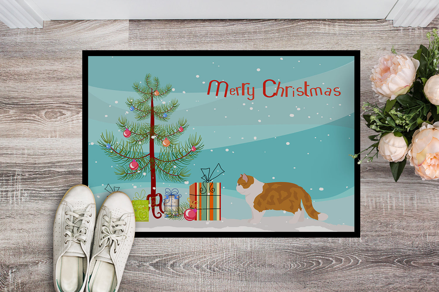 Exotic Shorthair Cat Christmas Doormat Indoor Outdoor 24H X 36W Front Door Mat Rugs for Entryway, Non Slip Washable Low Pile,