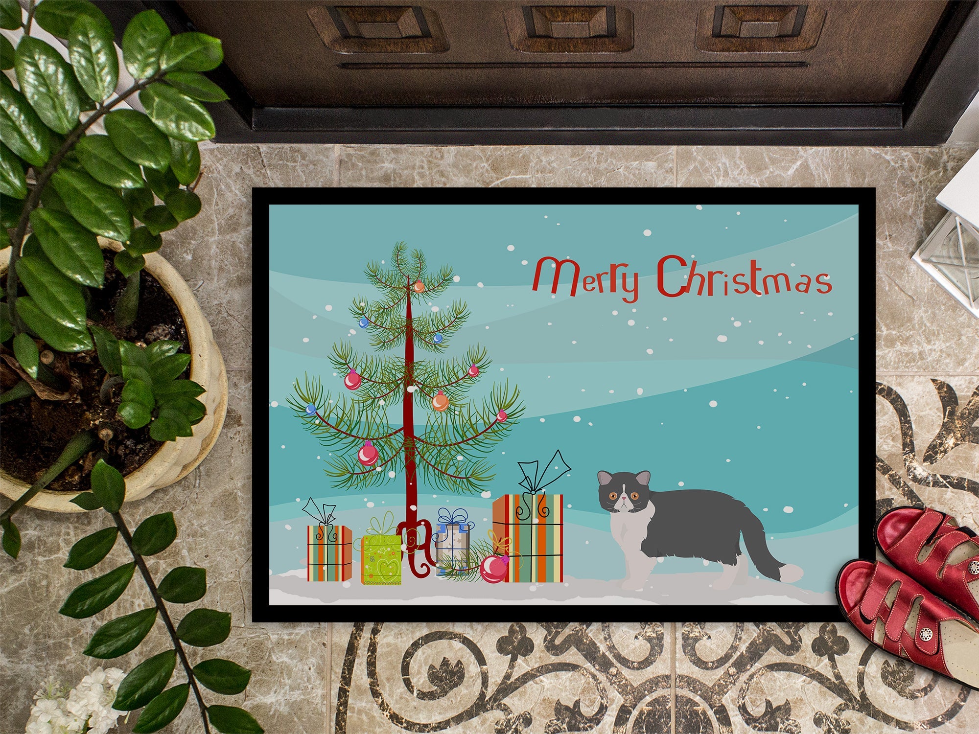 Exotic Shorthair Cat Christmas Doormat Indoor Outdoor 18H X 27W Front Door Mat Rugs for Entryway, Non Slip Washable