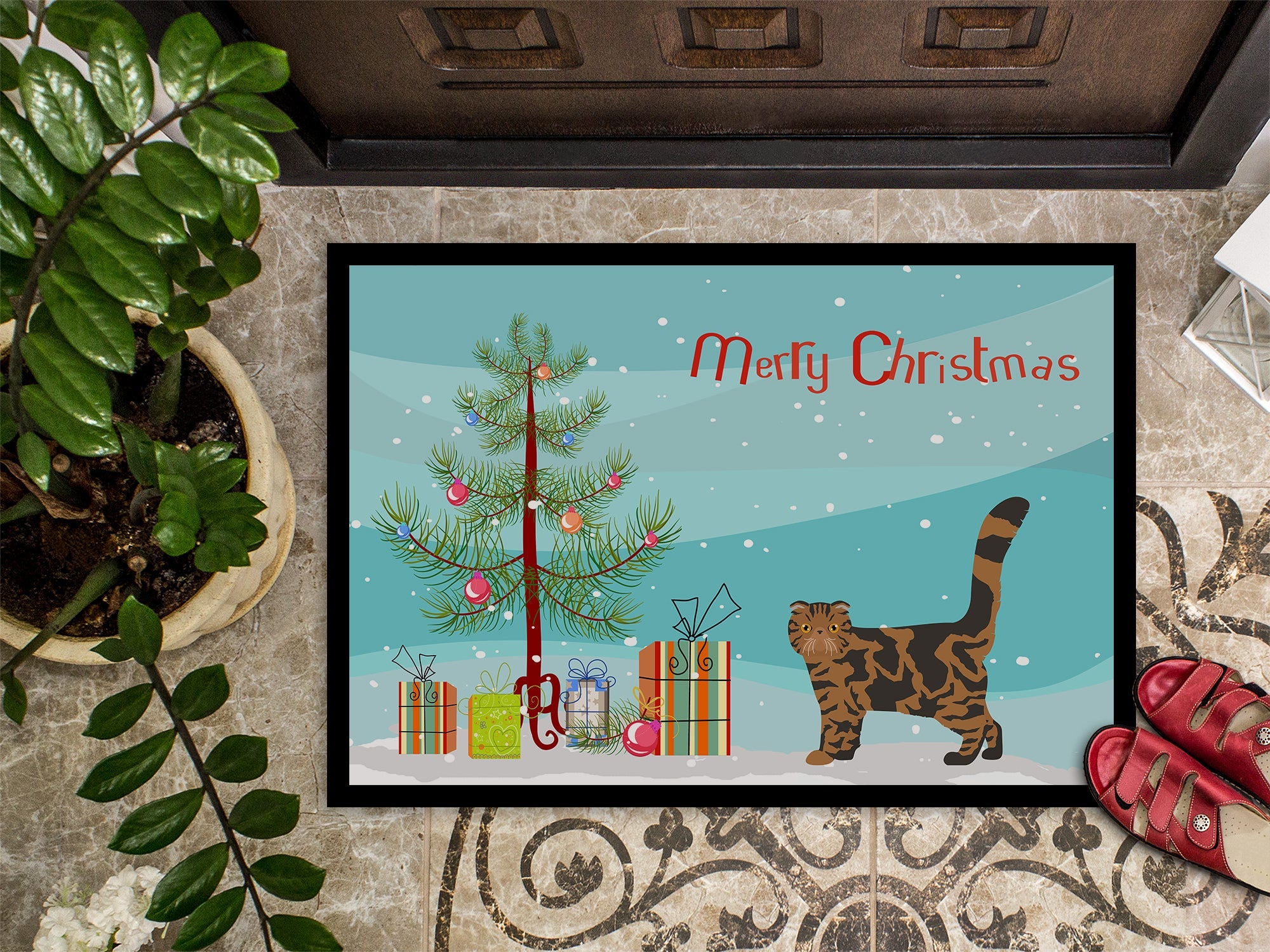Foldex Exotic Fold Cat Christmas Doormat Indoor Outdoor 24H X 36W Front Door Mat Rugs for Entryway, Non Slip Washable Low Pile,