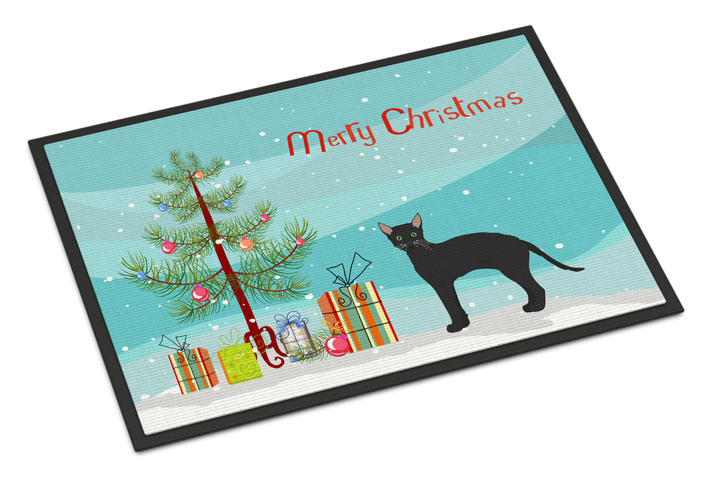 Black German Rex Cat Christmas Doormat Indoor Outdoor 18H X 27W Front Door Mat Rugs for Entryway, Non Slip Washable