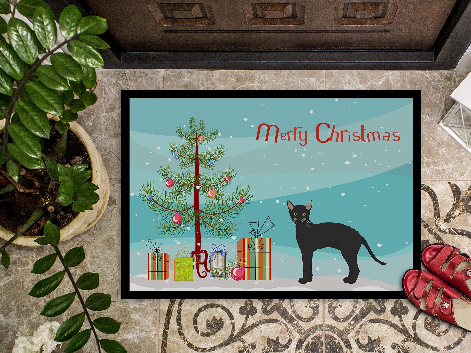 Black German Rex Cat Christmas Doormat Indoor Outdoor 18H X 27W Front Door Mat Rugs for Entryway, Non Slip Washable