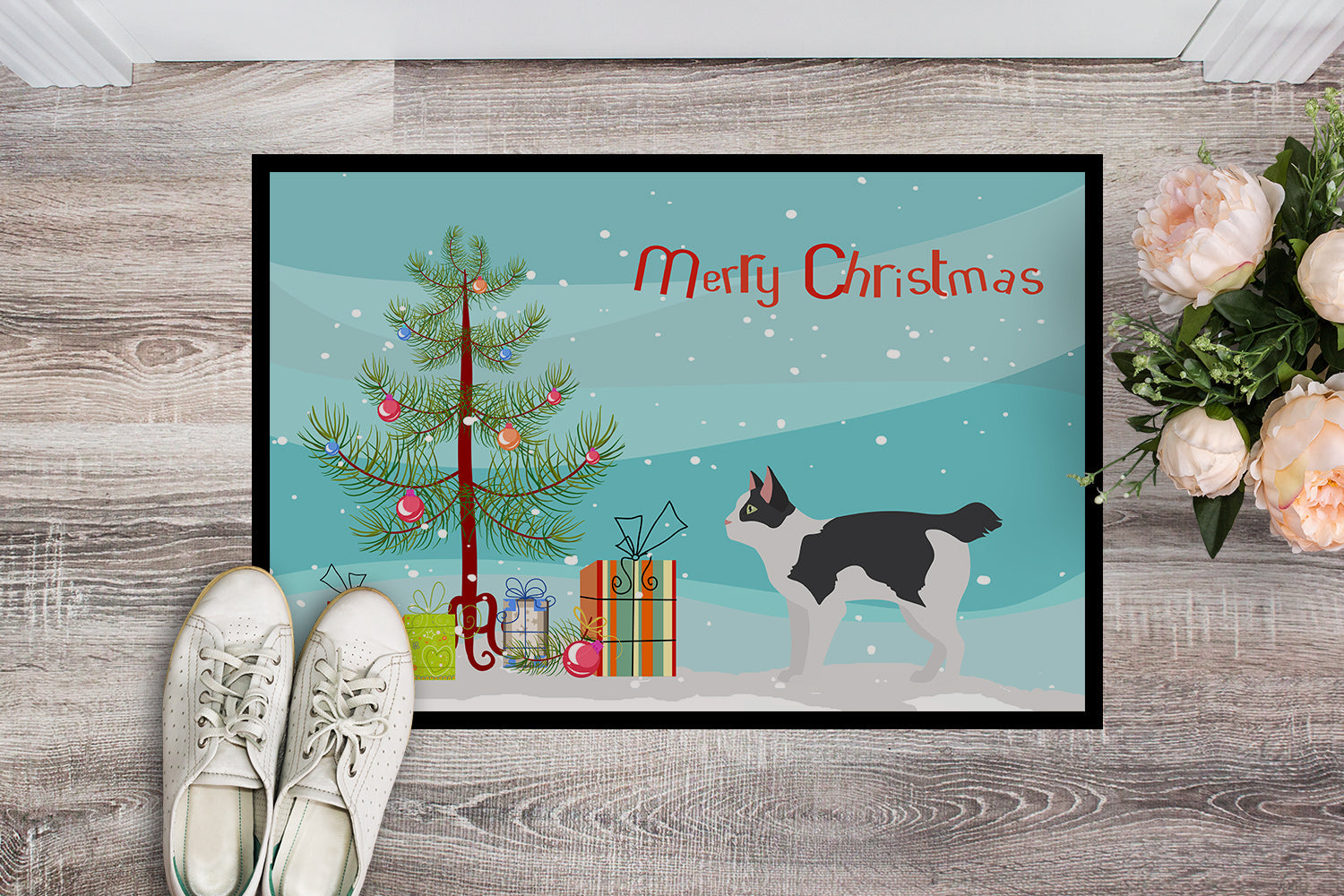 Japanese Bobtail Cat Christmas Doormat Indoor Outdoor 24H X 36W Front Door Mat Rugs for Entryway, Non Slip Washable Low Pile,