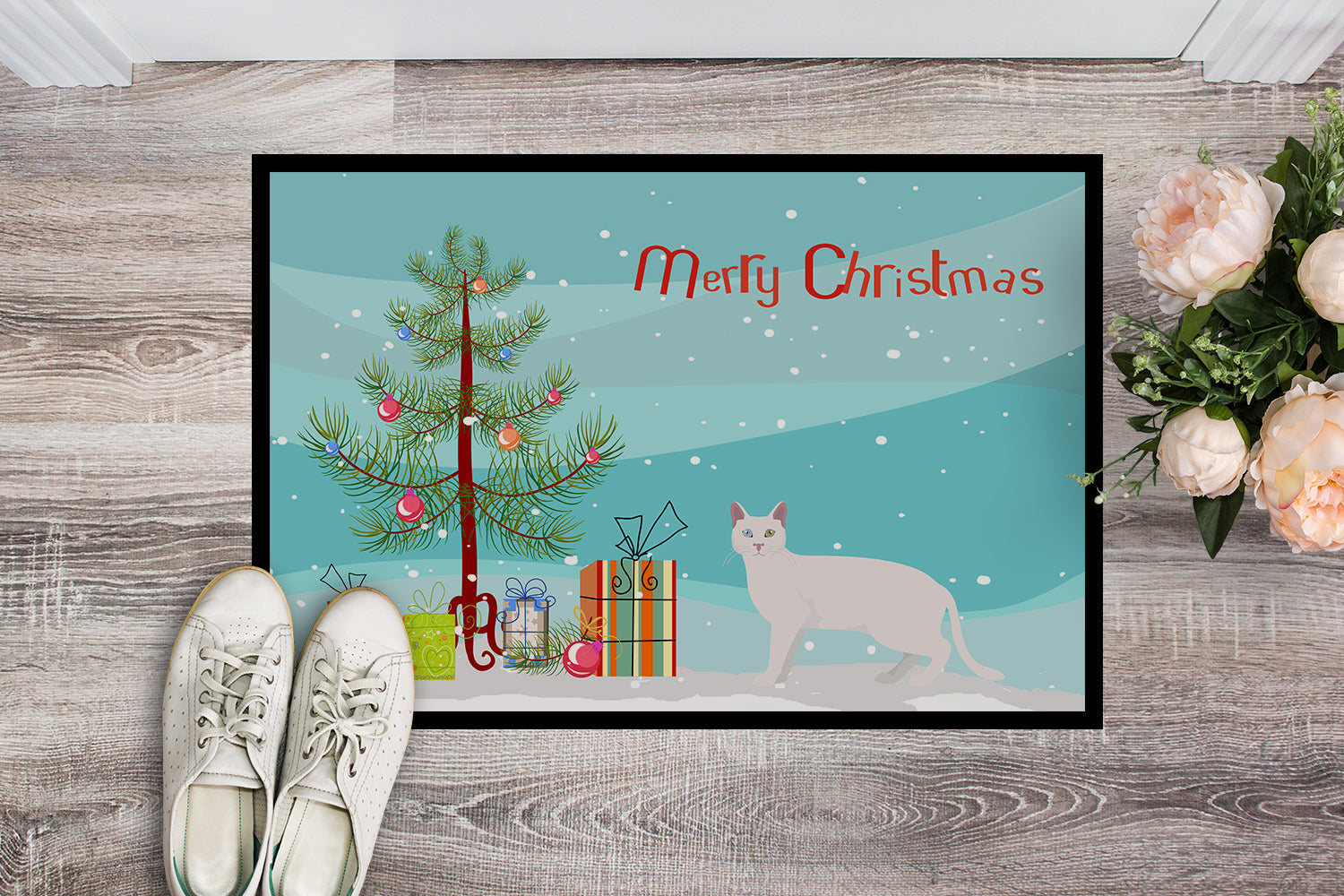 Khao Manee Cat Christmas Doormat Indoor Outdoor 24H X 36W Front Door Mat Rugs for Entryway, Non Slip Washable Low Pile,
