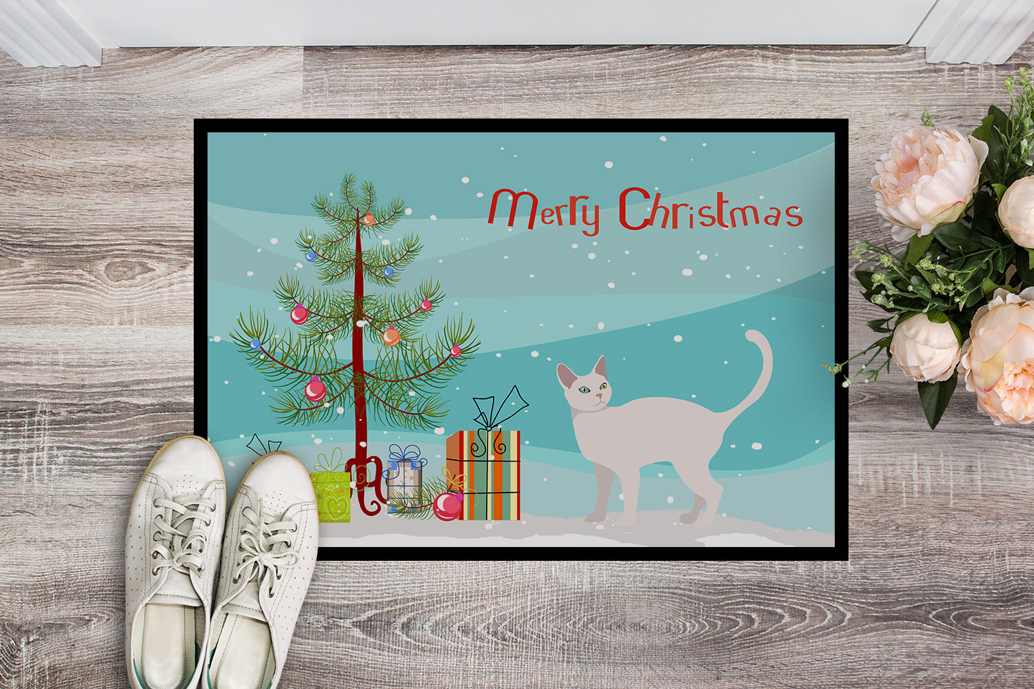 Khao Manee Cat Christmas Doormat Indoor Outdoor 18H X 27W Front Door Mat Rugs for Entryway, Non Slip Washable