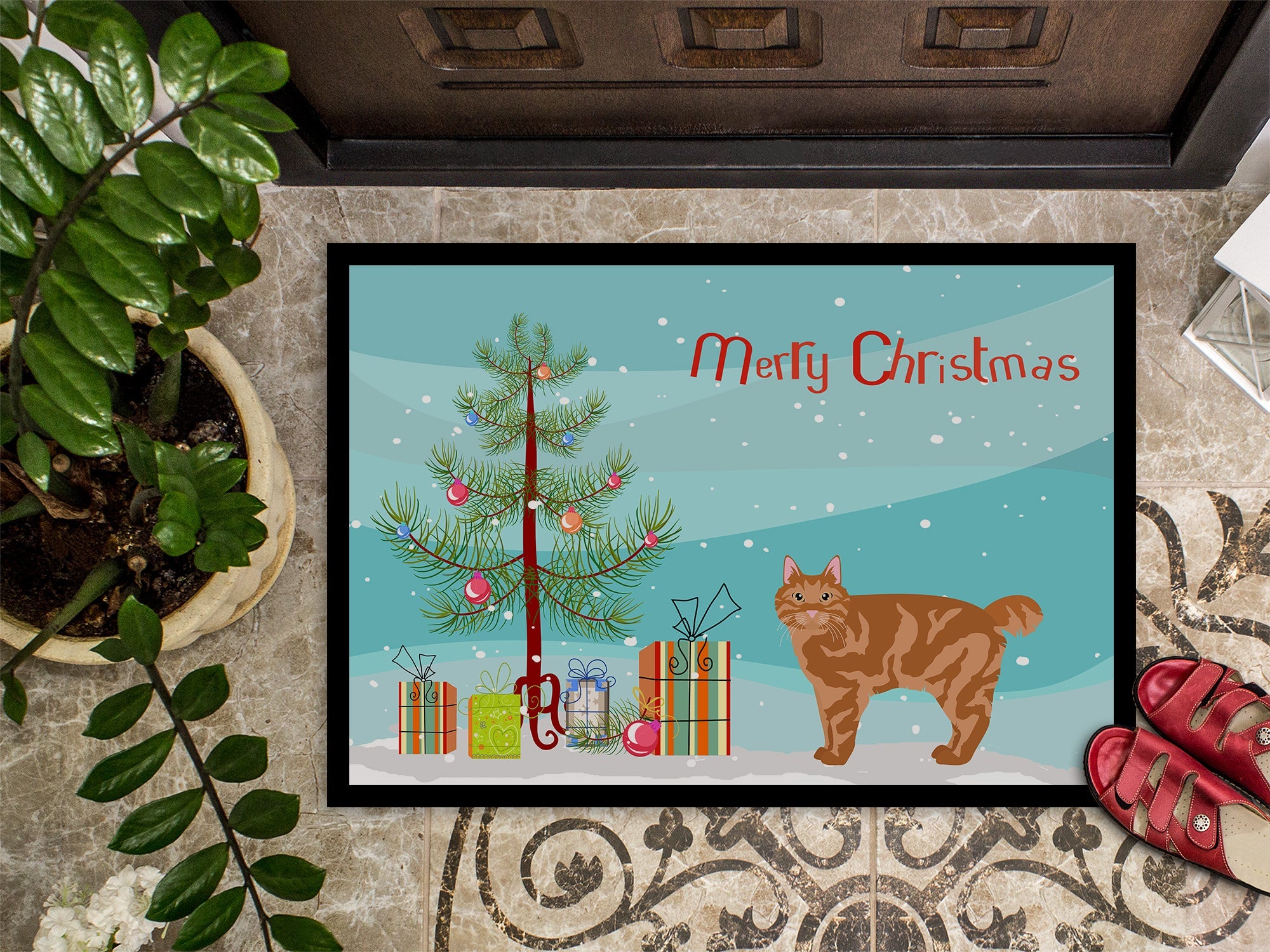 Kurilian Bobtail Cat Christmas Doormat Indoor Outdoor 18H X 27W Front Door Mat Rugs for Entryway, Non Slip Washable