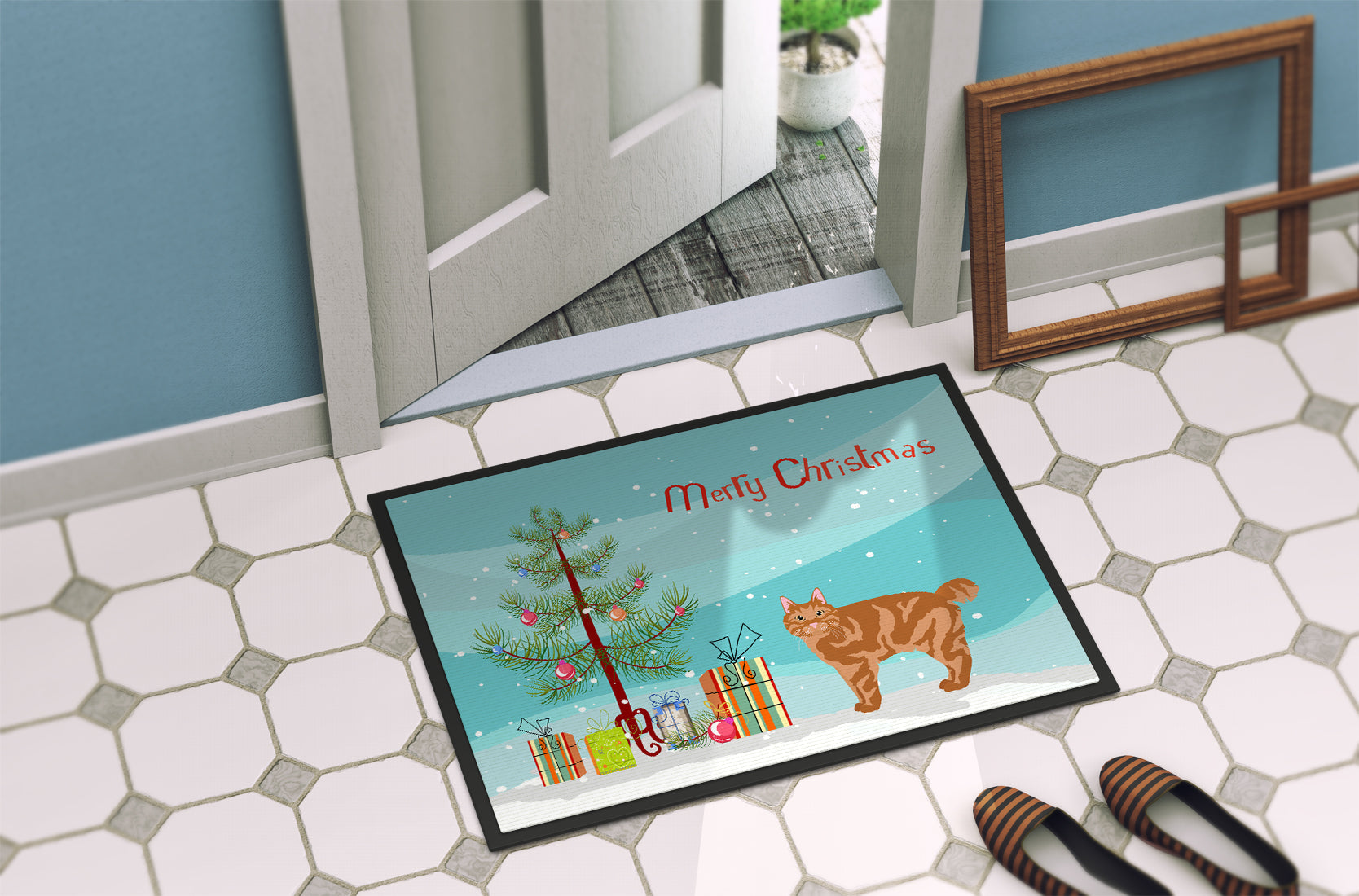 Kurilian Bobtail Cat Christmas Doormat Indoor Outdoor 18H X 27W Front Door Mat Rugs for Entryway, Non Slip Washable