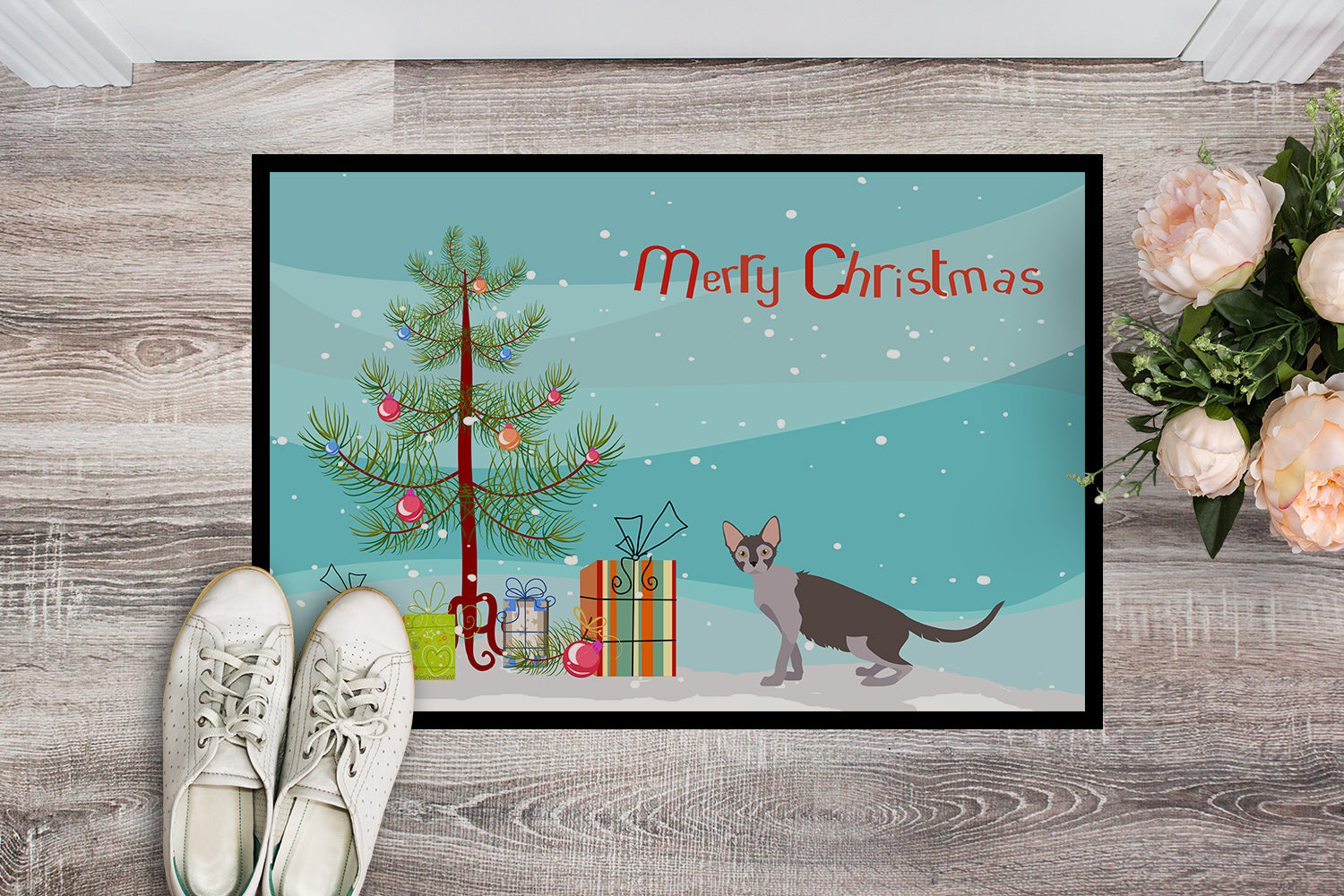 Lykoi Cat Merry Christmas Doormat Indoor Outdoor 24H X 36W Front Door Mat Rugs for Entryway, Non Slip Washable Low Pile,