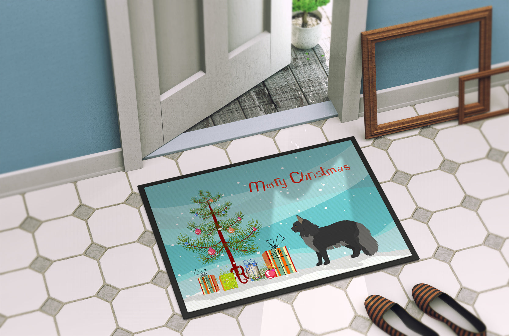 Maine Coon Cat Christmas Doormat Indoor Outdoor 18H X 27W Front Door Mat Rugs for Entryway, Non Slip Washable