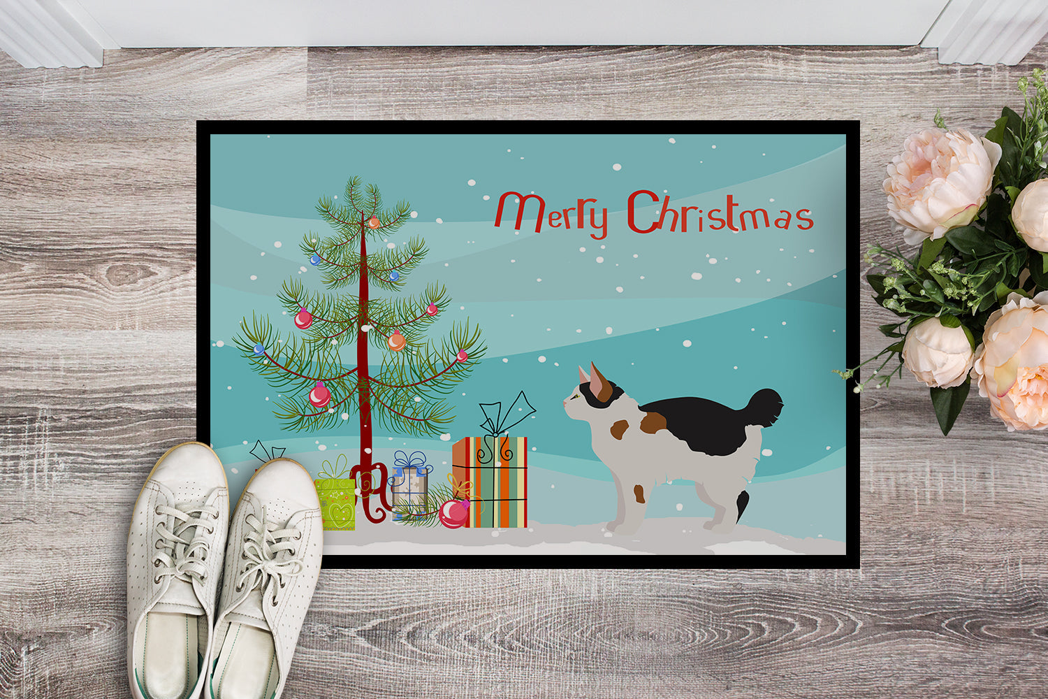 Manx Cat Christmas Doormat Indoor Outdoor 24H X 36W Front Door Mat Rugs for Entryway, Non Slip Washable Low Pile,