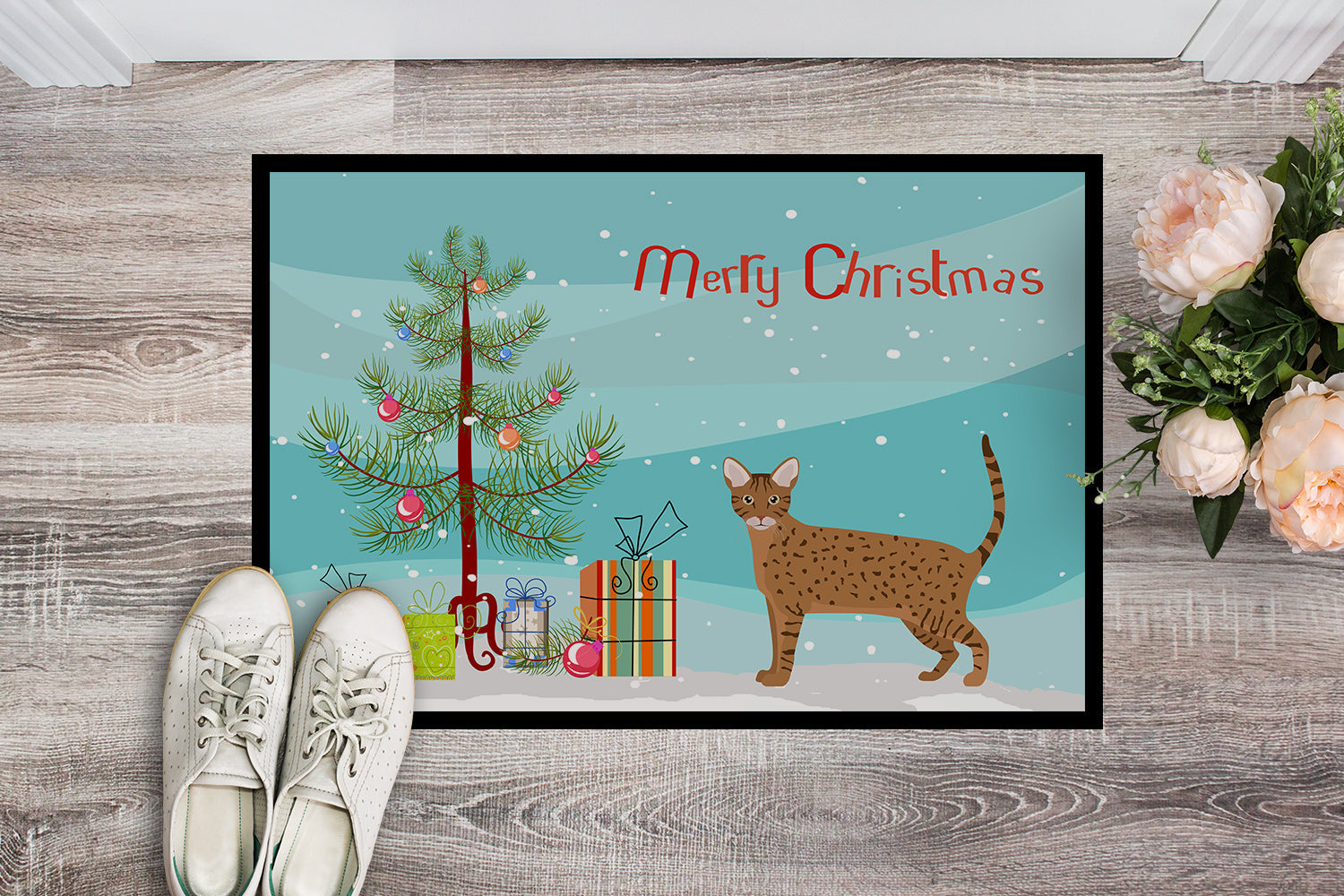 Ocicat Cat Christmas Doormat Indoor Outdoor 18H X 27W Front Door Mat Rugs for Entryway, Non Slip Washable