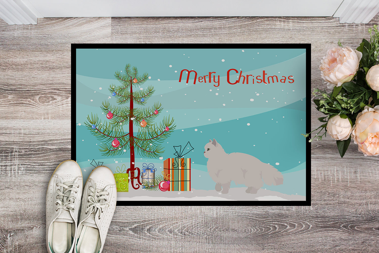 White Persian Traditional Cat Christmas Doormat Indoor Outdoor 24H X 36W Front Door Mat Rugs for Entryway, Non Slip Washable Low Pile,