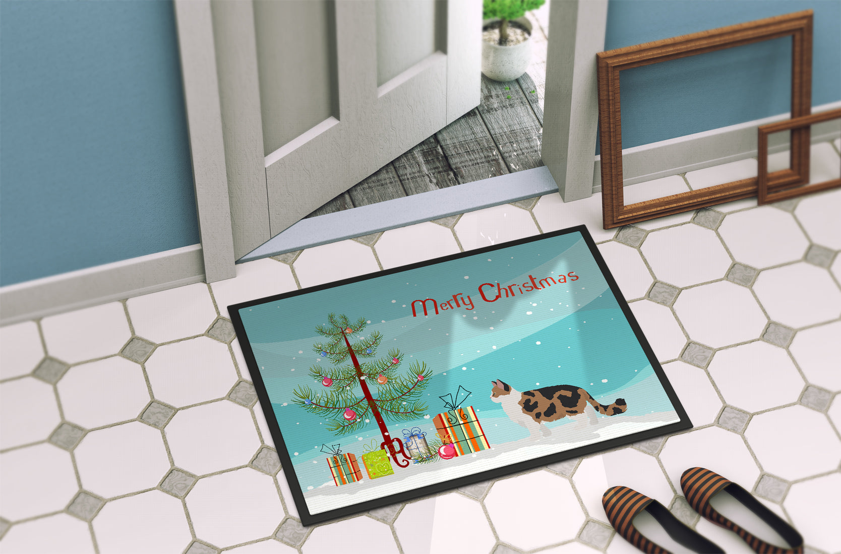 Ragamuffin Cat  Christmas Doormat Indoor Outdoor 24H X 36W Front Door Mat Rugs for Entryway, Non Slip Washable Low Pile,
