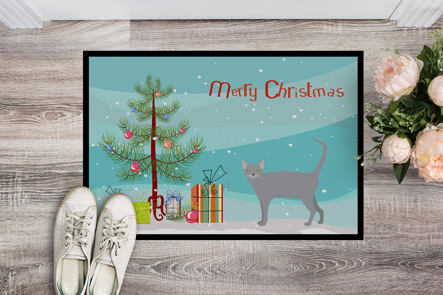 Russian Blue Cat Christmas Doormat Indoor Outdoor 24H X 36W Front Door Mat Rugs for Entryway, Non Slip Washable Low Pile,