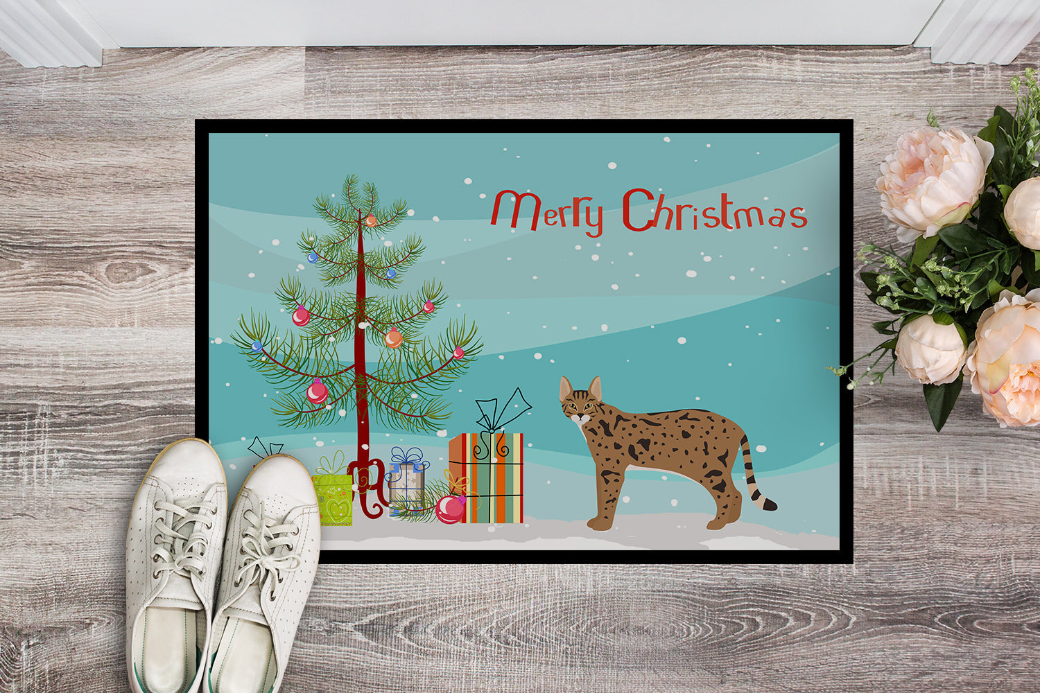 Savannah Cat Christmas Doormat Indoor Outdoor 24H X 36W Front Door Mat Rugs for Entryway, Non Slip Washable Low Pile,