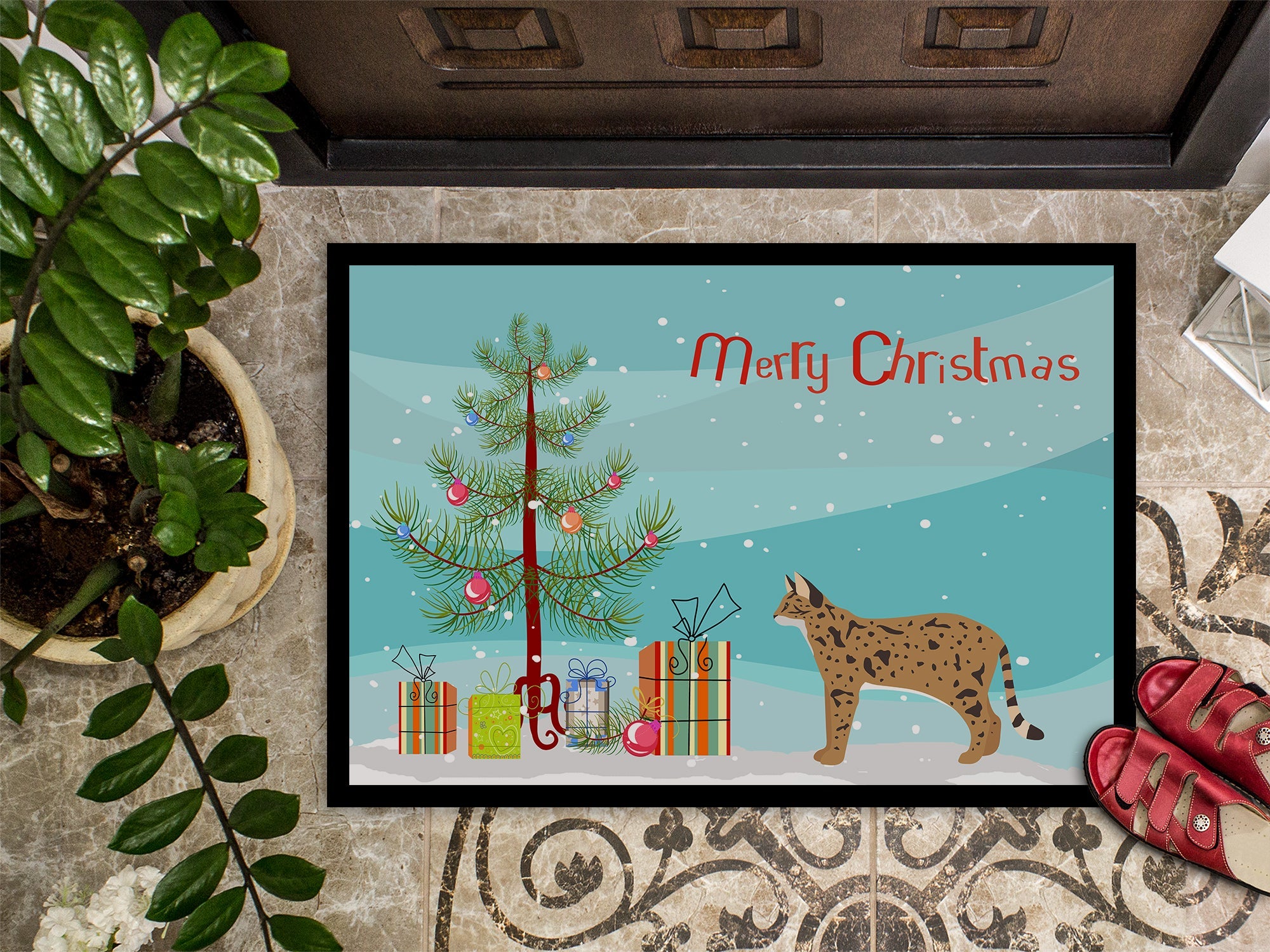 Savannah Cat Christmas Doormat Indoor Outdoor 24H X 36W Front Door Mat Rugs for Entryway, Non Slip Washable Low Pile,