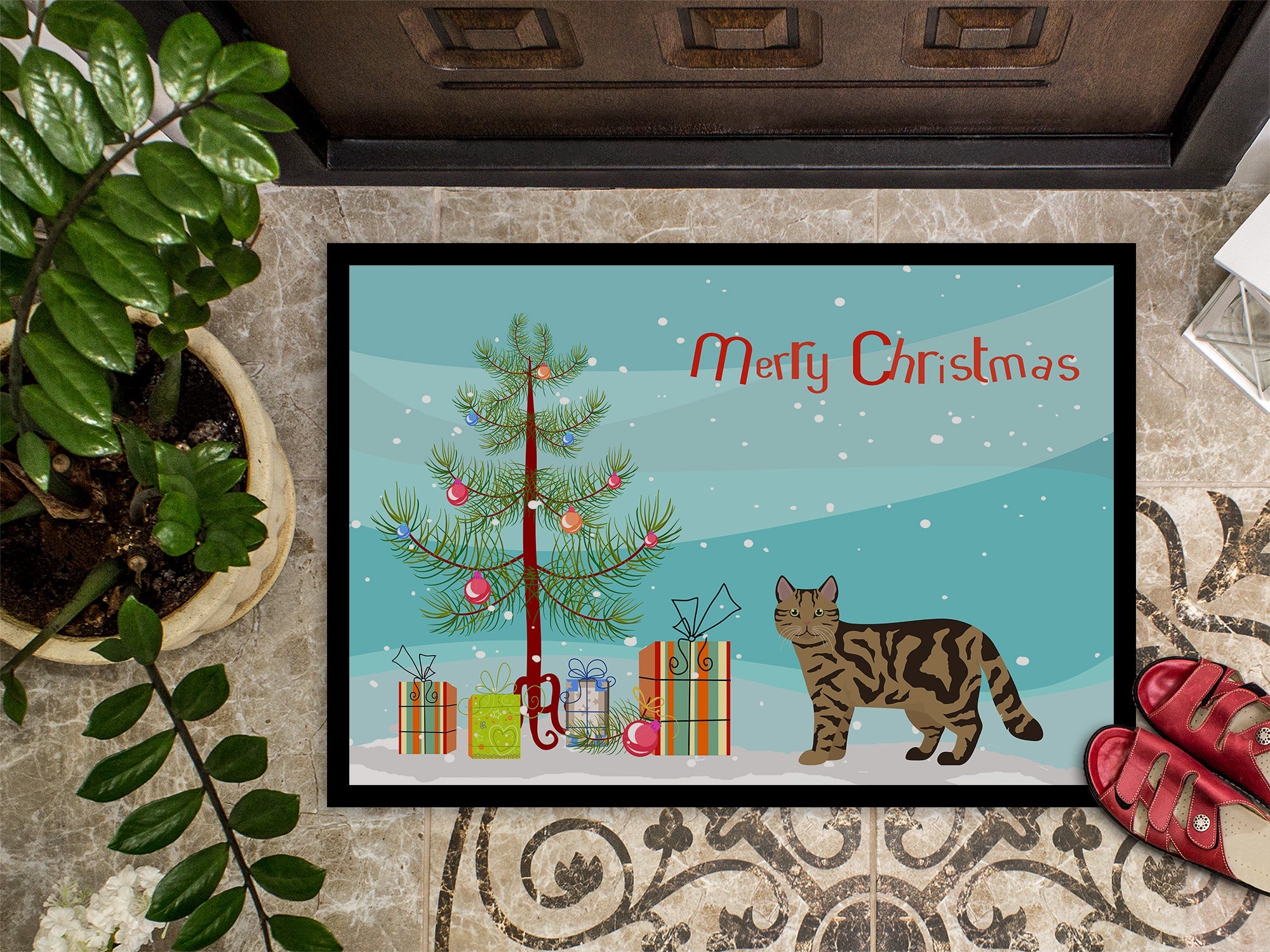 Scottish Straight Cat Christmas Doormat Indoor Outdoor 18H X 27W Front Door Mat Rugs for Entryway, Non Slip Washable