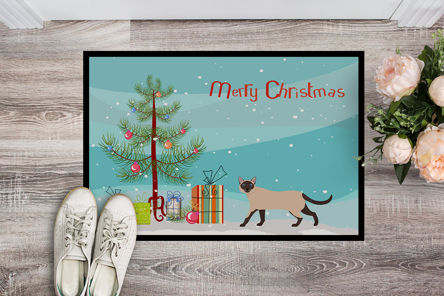 Siamese Traditional Cat Christmas Doormat Indoor Outdoor 24H X 36W Front Door Mat Rugs for Entryway, Non Slip Washable Low Pile,