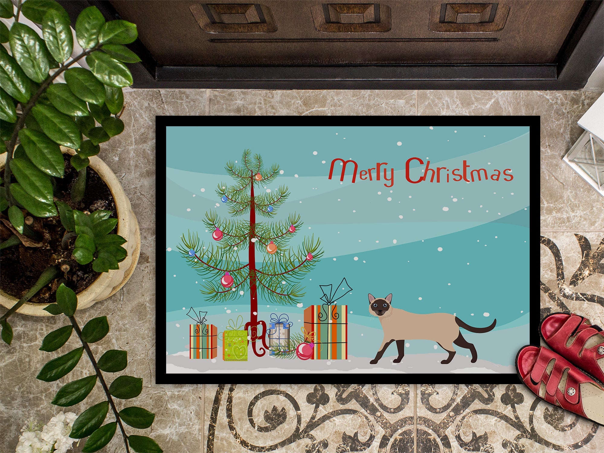 Siamese Traditional Cat Christmas Doormat Indoor Outdoor 24H X 36W Front Door Mat Rugs for Entryway, Non Slip Washable Low Pile,