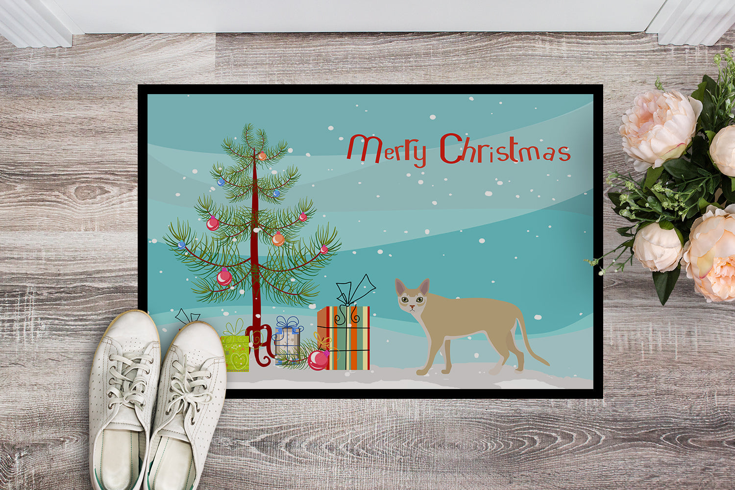 Singapura Cat Christmas Doormat Indoor Outdoor 24H X 36W Front Door Mat Rugs for Entryway, Non Slip Washable Low Pile,