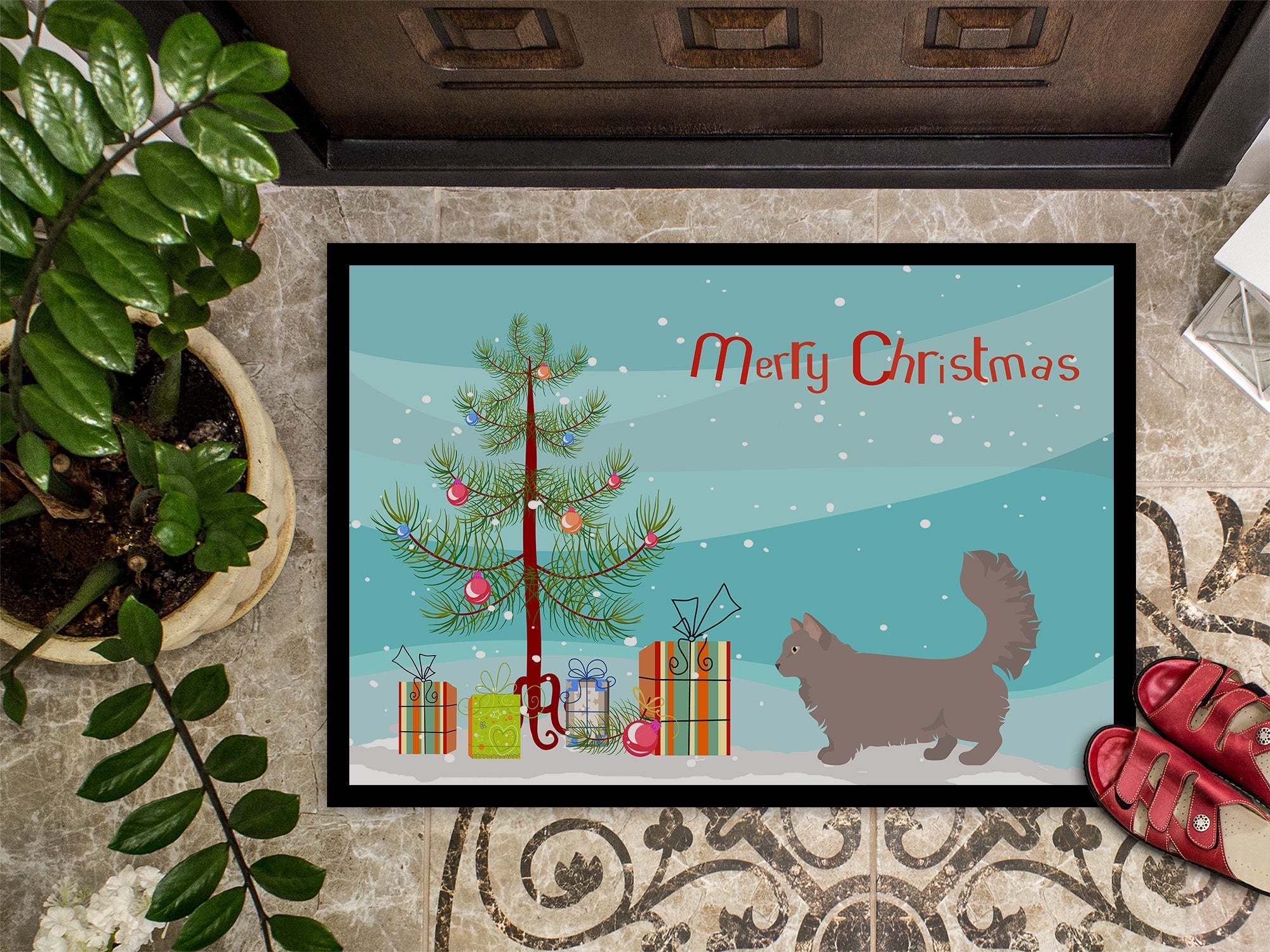 Skookum Cat Christmas Doormat Indoor Outdoor 24H X 36W Front Door Mat Rugs for Entryway, Non Slip Washable Low Pile,