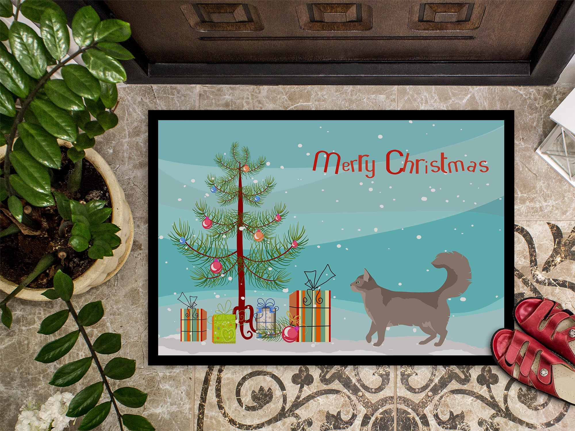 Somali Cat Christmas Doormat Indoor Outdoor 18H X 27W Front Door Mat Rugs for Entryway, Non Slip Washable