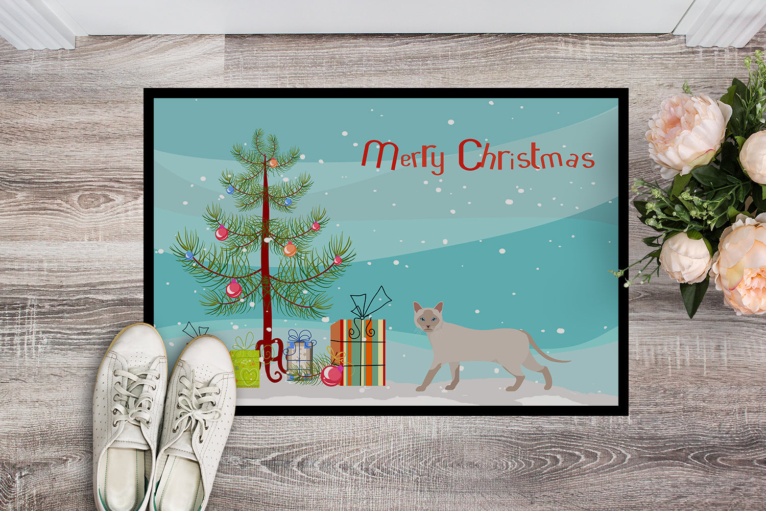 Thai Lilac Cat Christmas Doormat Indoor Outdoor 24H X 36W Front Door Mat Rugs for Entryway, Non Slip Washable Low Pile,