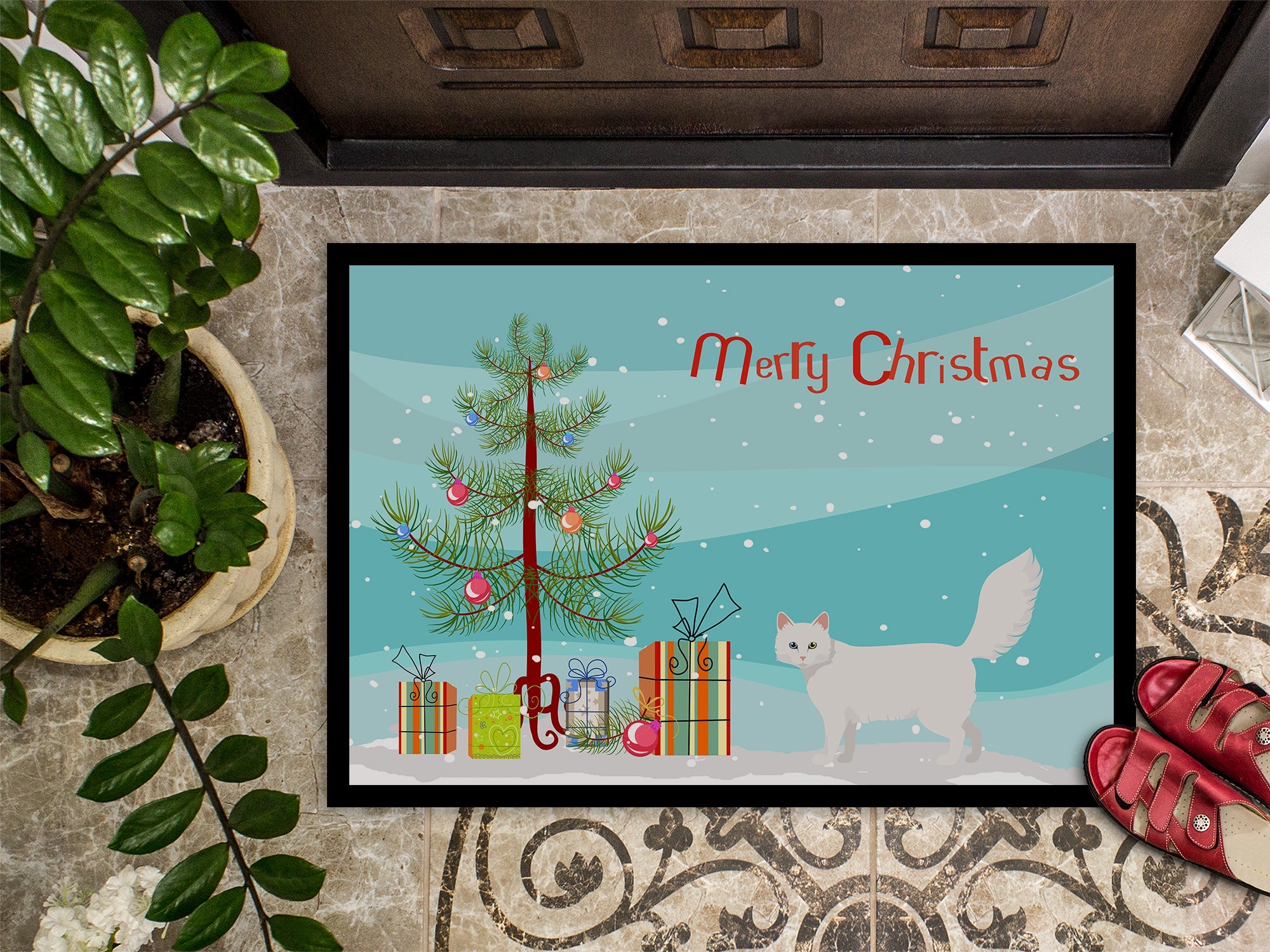 Turkish Angora Cat Christmas Doormat Indoor Outdoor 24H X 36W Front Door Mat Rugs for Entryway, Non Slip Washable Low Pile,