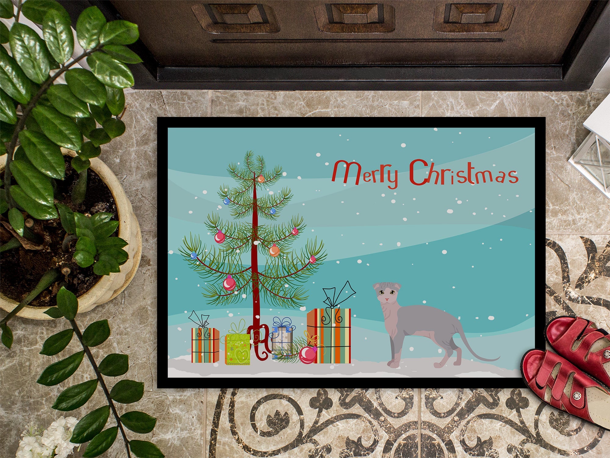 Ukrainian Levkoy Cat Christmas Doormat Indoor Outdoor 24H X 36W Front Door Mat Rugs for Entryway, Non Slip Washable Low Pile,
