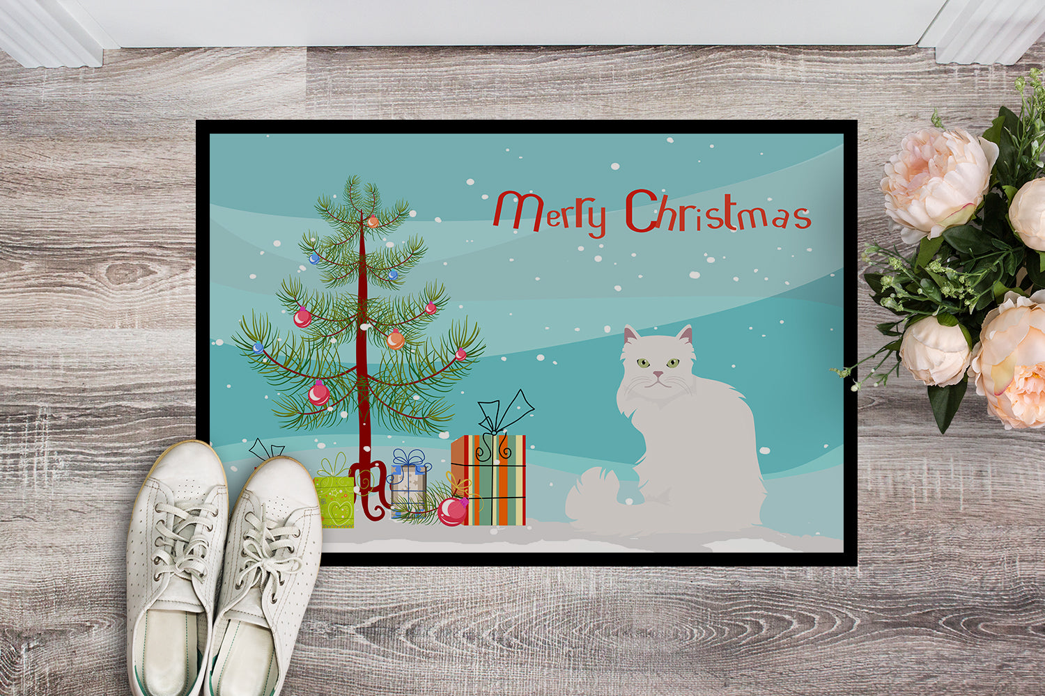 Asian Semi Longhaired Cat Christmas Doormat Indoor Outdoor 18H X 27W Front Door Mat Rugs for Entryway, Non Slip Washable