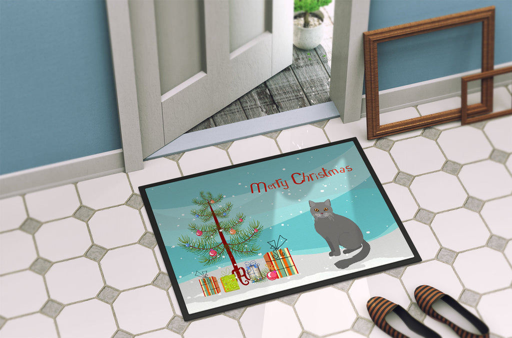 British Semi Longhair Cat Christmas Doormat Indoor Outdoor 18H X 27W Front Door Mat Rugs for Entryway, Non Slip Washable