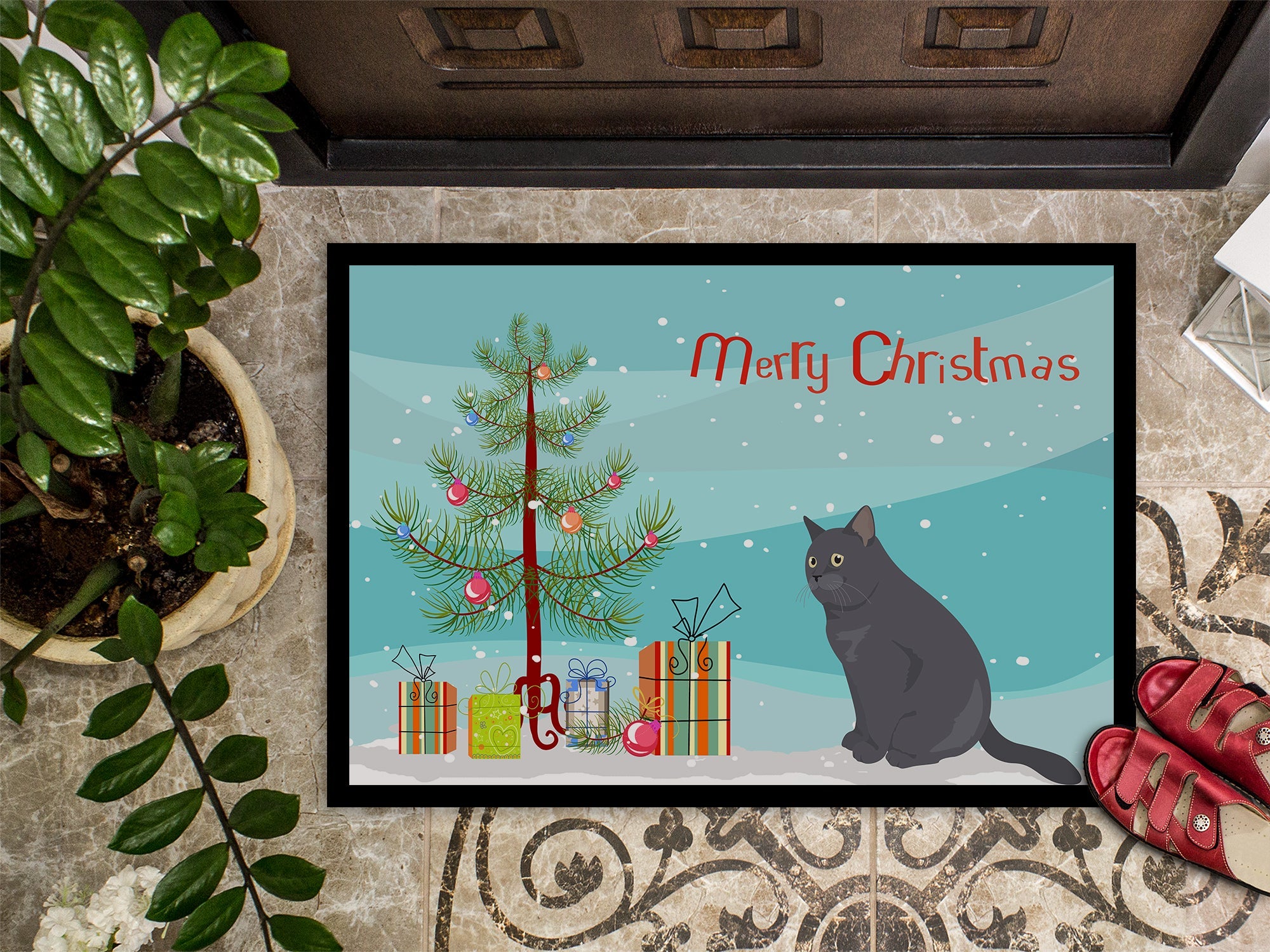 British Shorthair Cat Christmas Doormat Indoor Outdoor 18H X 27W Front Door Mat Rugs for Entryway, Non Slip Washable