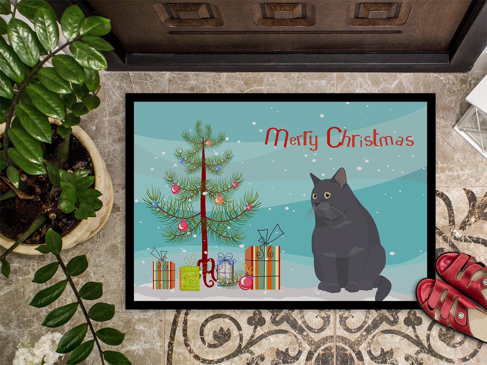 British Shorthair Cat Christmas Doormat Indoor Outdoor 24H X 36W Front Door Mat Rugs for Entryway, Non Slip Washable Low Pile,