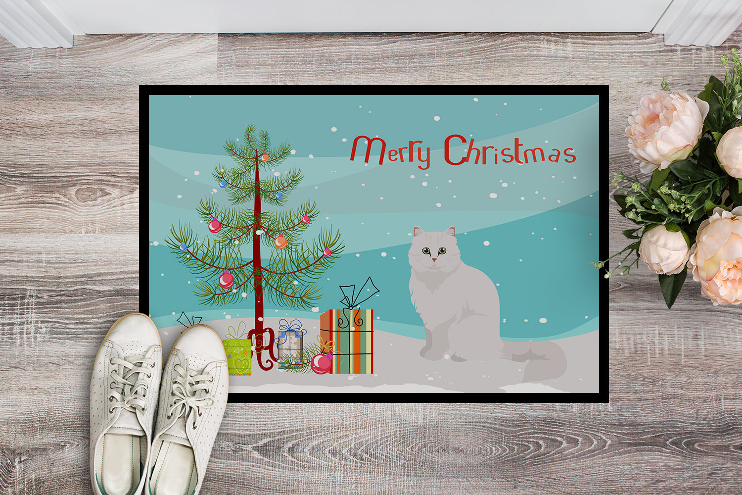 Chinchilla Persian Longhair Cat Christmas Doormat Indoor Outdoor 18H X 27W Front Door Mat Rugs for Entryway, Non Slip Washable