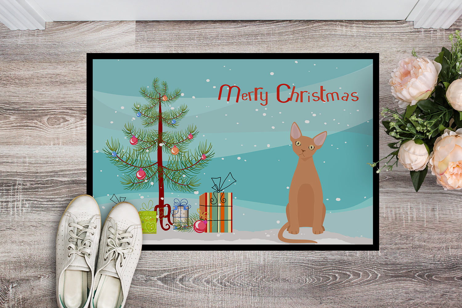 Devon Rex Cat Christmas Doormat Indoor Outdoor 24H X 36W Front Door Mat Rugs for Entryway, Non Slip Washable Low Pile,