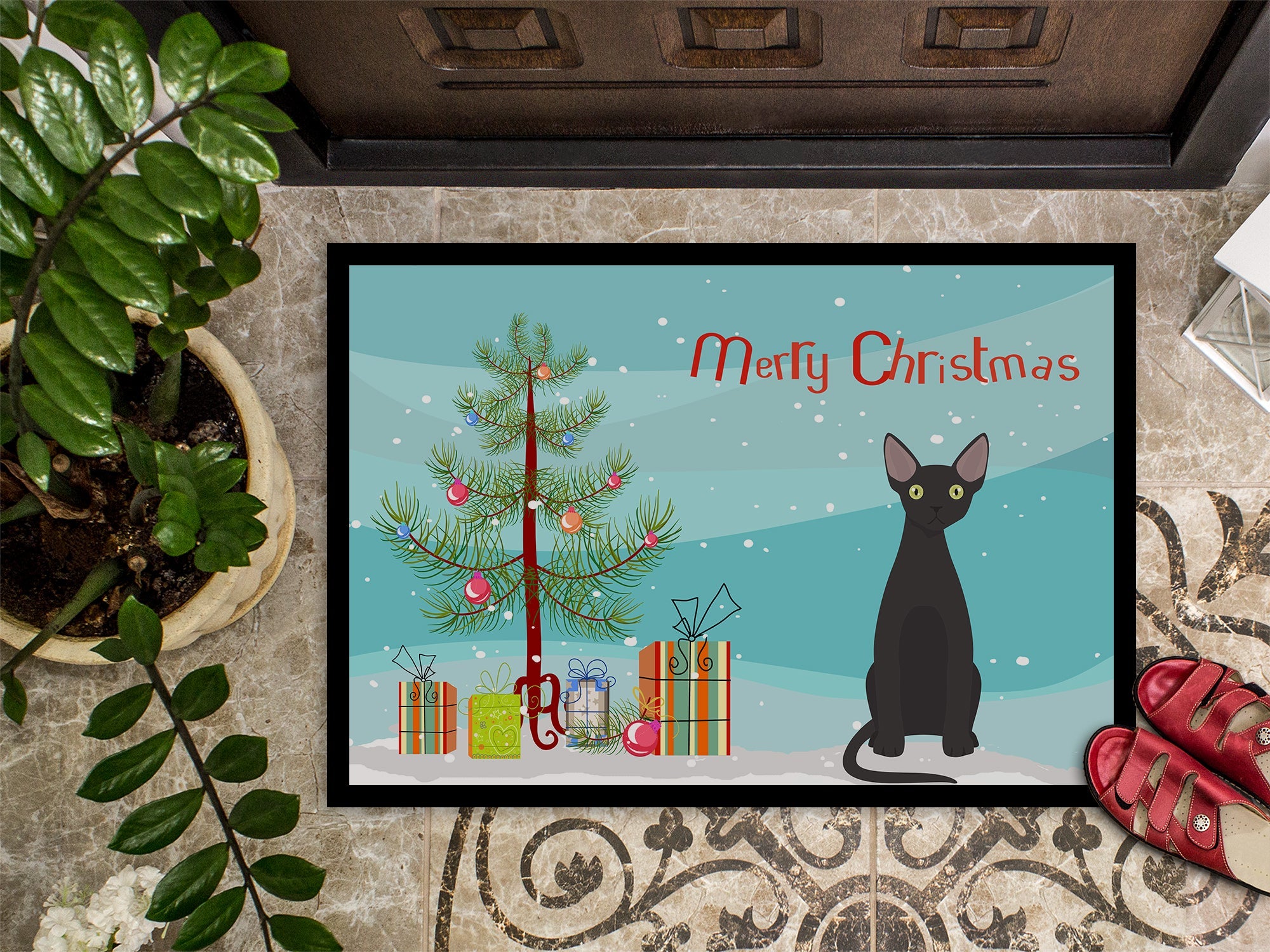 Devon Rex Cat Christmas Doormat Indoor Outdoor 18H X 27W Front Door Mat Rugs for Entryway, Non Slip Washable