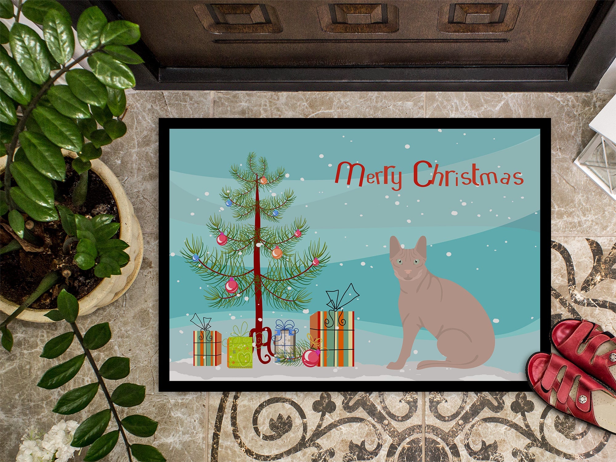 Don Sphynx Cat Christmas Doormat Indoor Outdoor 18H X 27W Front Door Mat Rugs for Entryway, Non Slip Washable