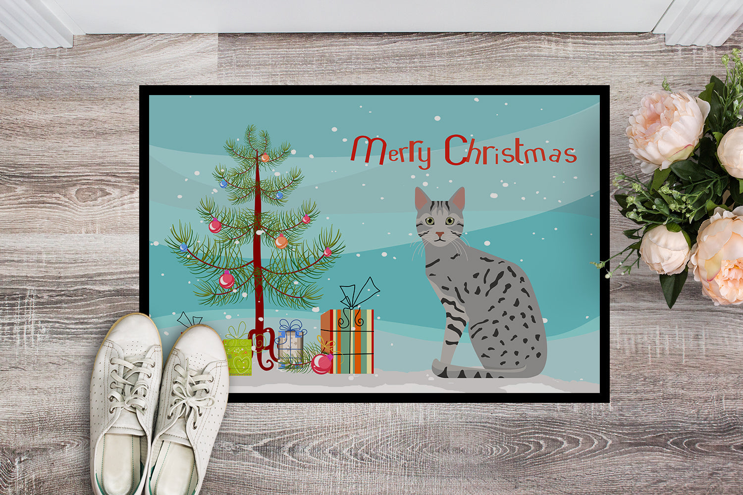 Egyptian Mau Cat Christmas Doormat Indoor Outdoor 18H X 27W Front Door Mat Rugs for Entryway, Non Slip Washable